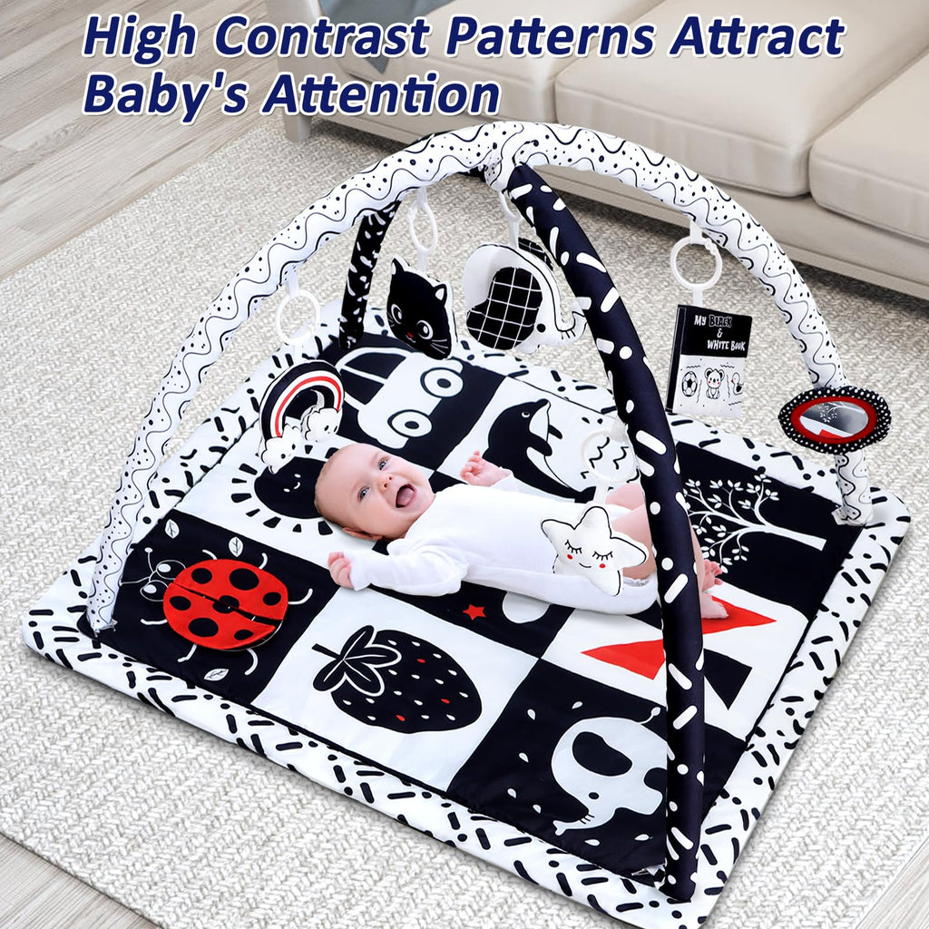 Poycuna Black and White Baby Gym Play Mat with 6 Toys Tummy Time Activity Mat for Babies 0-6 6-12 Months High Contrast Baby Gyms & Playmats Sensory Toys Newborn Brain Development Infant Play Mat