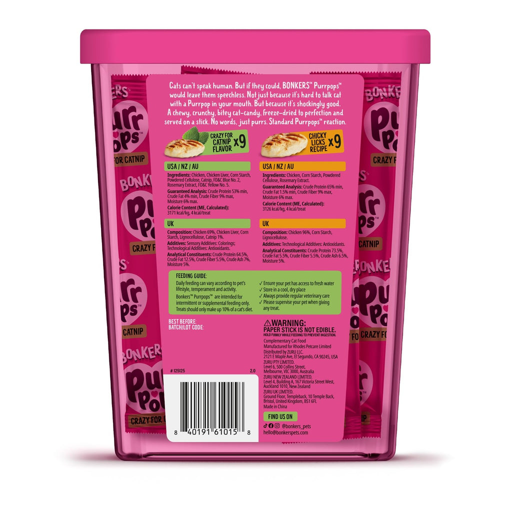 Bonkers Purrpops Lollipop Cat Treats Freeze Dried Chicken & Catnip 18 Pack