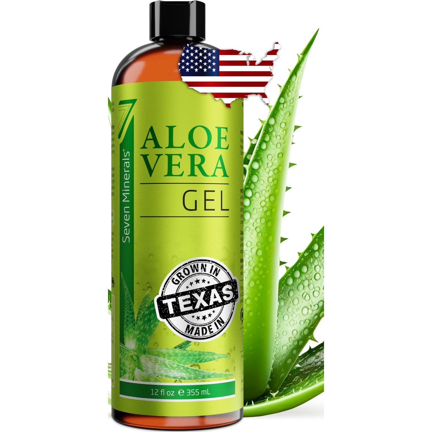 Seven Minerals Aloe Vera Gel with Freshly Cut Pure Organic Aloe - Big 12oz - Texas Grown, HighestQuality, Vegan, Unscented, Non-Sticky - After Sun, Skin & Face Moisturizer, Hair Mask