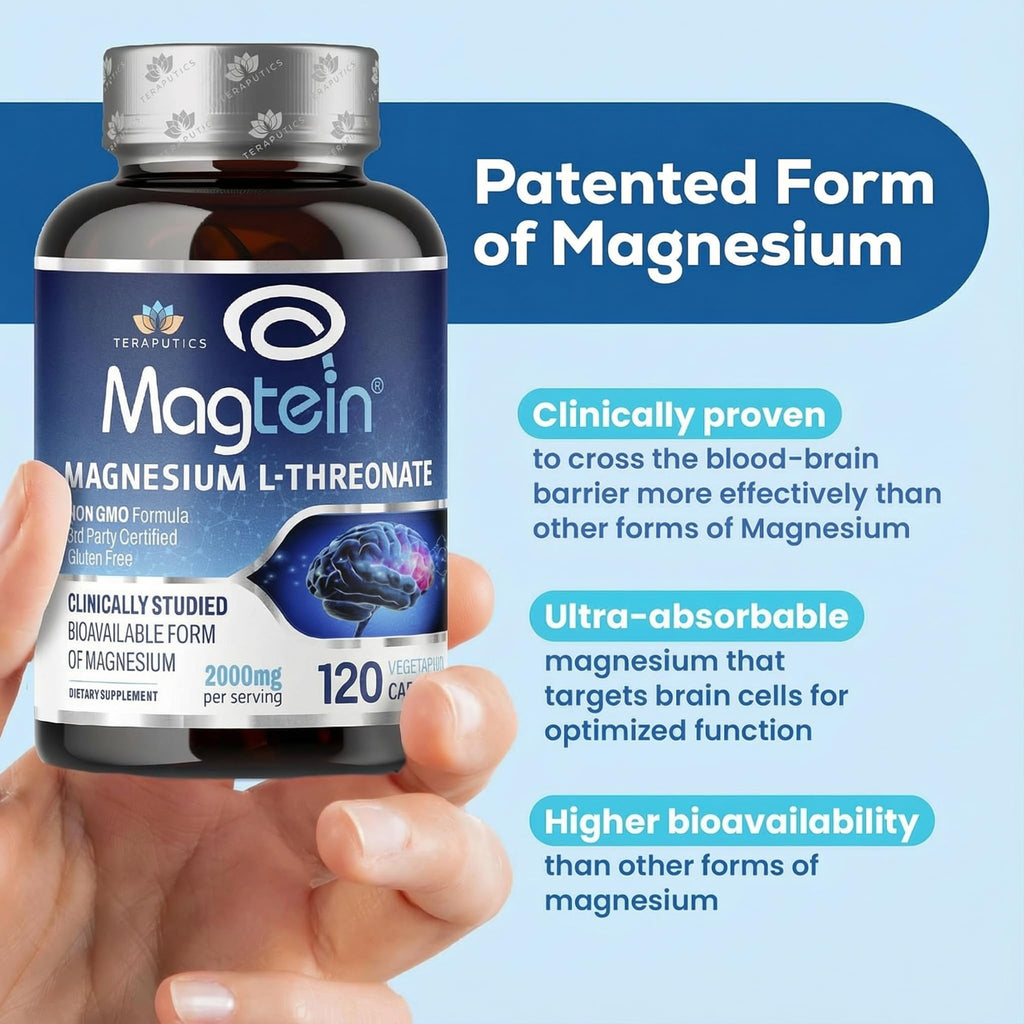 Magnesium L Threonate, Magtein, Brain Supplement for Memory, Focus, Sleep and Cognitive Support, High Absorption Magnesium L-Threonate, Non-GMO, No Laxative Effect – 2,000 mg, 120 Vegan Capsules