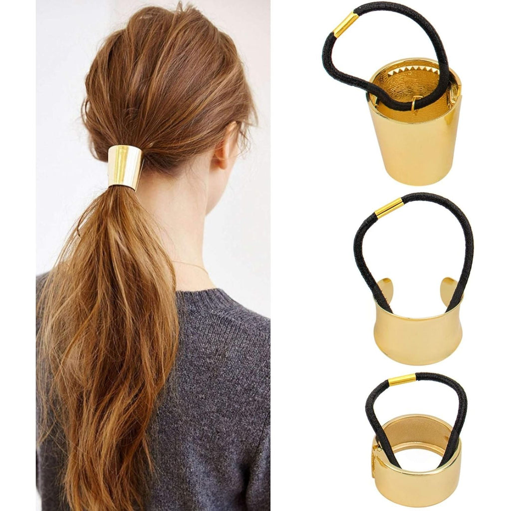 Buy now AUEAR, Brushed Metal Expandable Hair Cuff Ponytail Holder Elastic Tie for Women Girls Thick Rings Set (3 Pcs, Style 3) at indiglob india