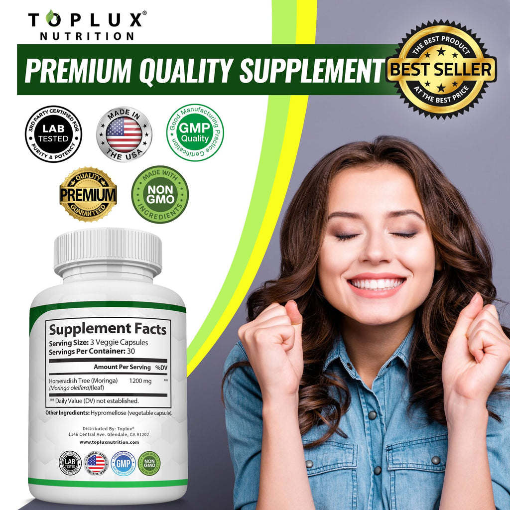 Toplux Moringa Capsules 1200mg – Pure Moringa Powder High Potency Leaf Extract Green Superfood Rich in Antioxidant, for Energy & Immune Support, Vegan Non-GMO 90 Capsules