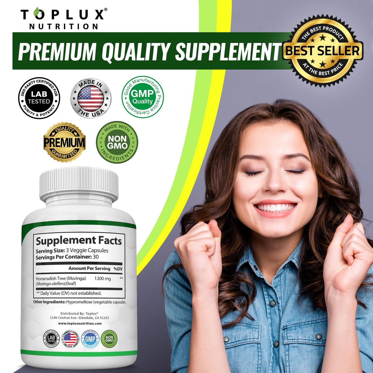Toplux Moringa Capsules 1200mg – Pure Moringa Powder High Potency Leaf Extract Green Superfood Rich in Antioxidant, for Energy & Immune Support, Vegan Non-GMO 90 Capsules