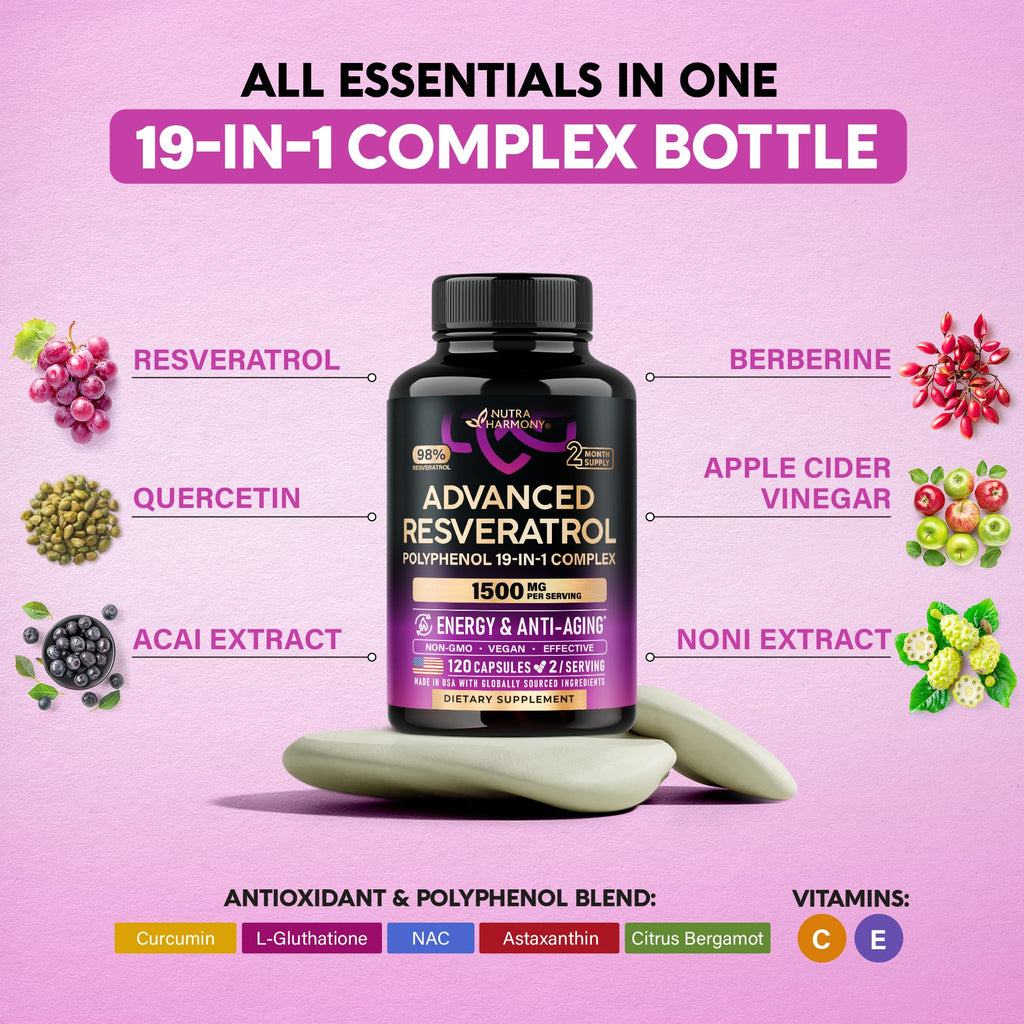 Resveratrol + Berberine, Quercetin, ACV, Acai & Noni Supplement - 120 Caps | 19in1 Organic Polyphenol Resveratrol Supplement - Antioxidant & Heart Health Support - Energy & Anti-Aging - Vegan, NON-GMO
