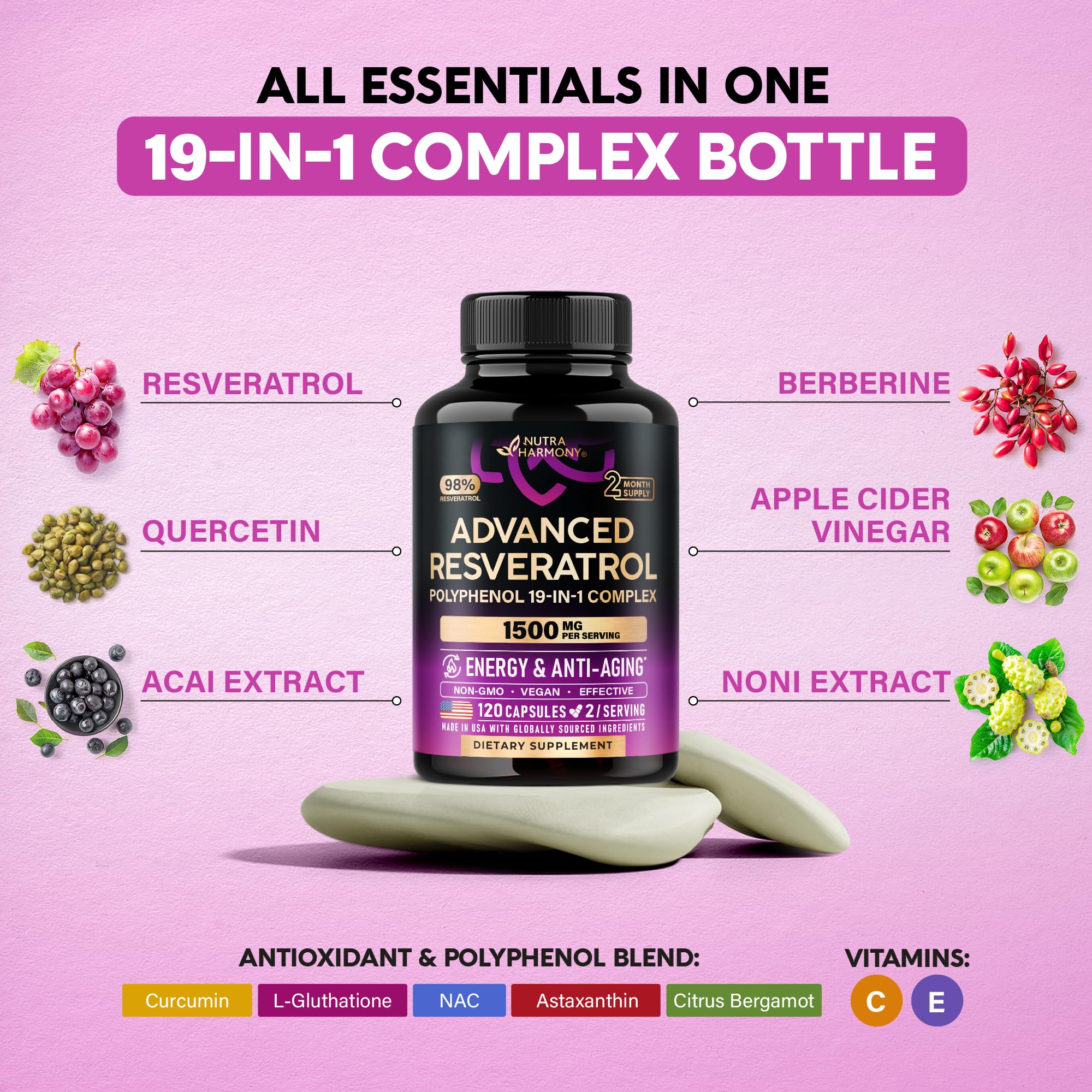 Resveratrol + Berberine, Quercetin, ACV, Acai & Noni Supplement - 120 Caps | 19in1 Organic Polyphenol Resveratrol Supplement - Antioxidant & Heart Health Support - Energy & Anti-Aging - Vegan, NON-GMO