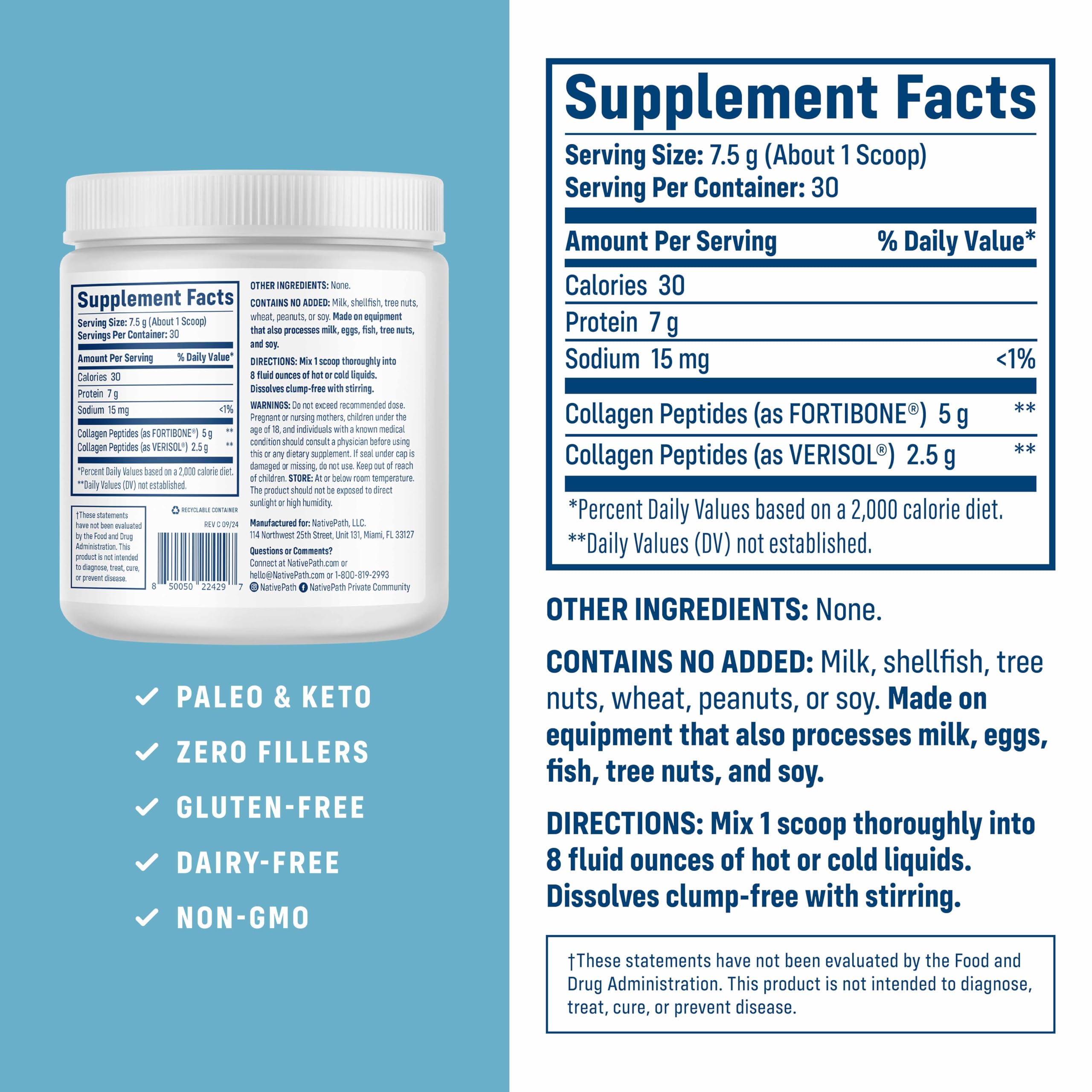 NativePath Bone Health Collagen Peptides, Type 1 & 3, with Fortibone and Verisol, 7.9 Ounce, 30 Servings | Verisol Bioactive Peptides, Supports Density, Strength, Elasticity, Hair & Skin, Unflavored, Type 1 & 3