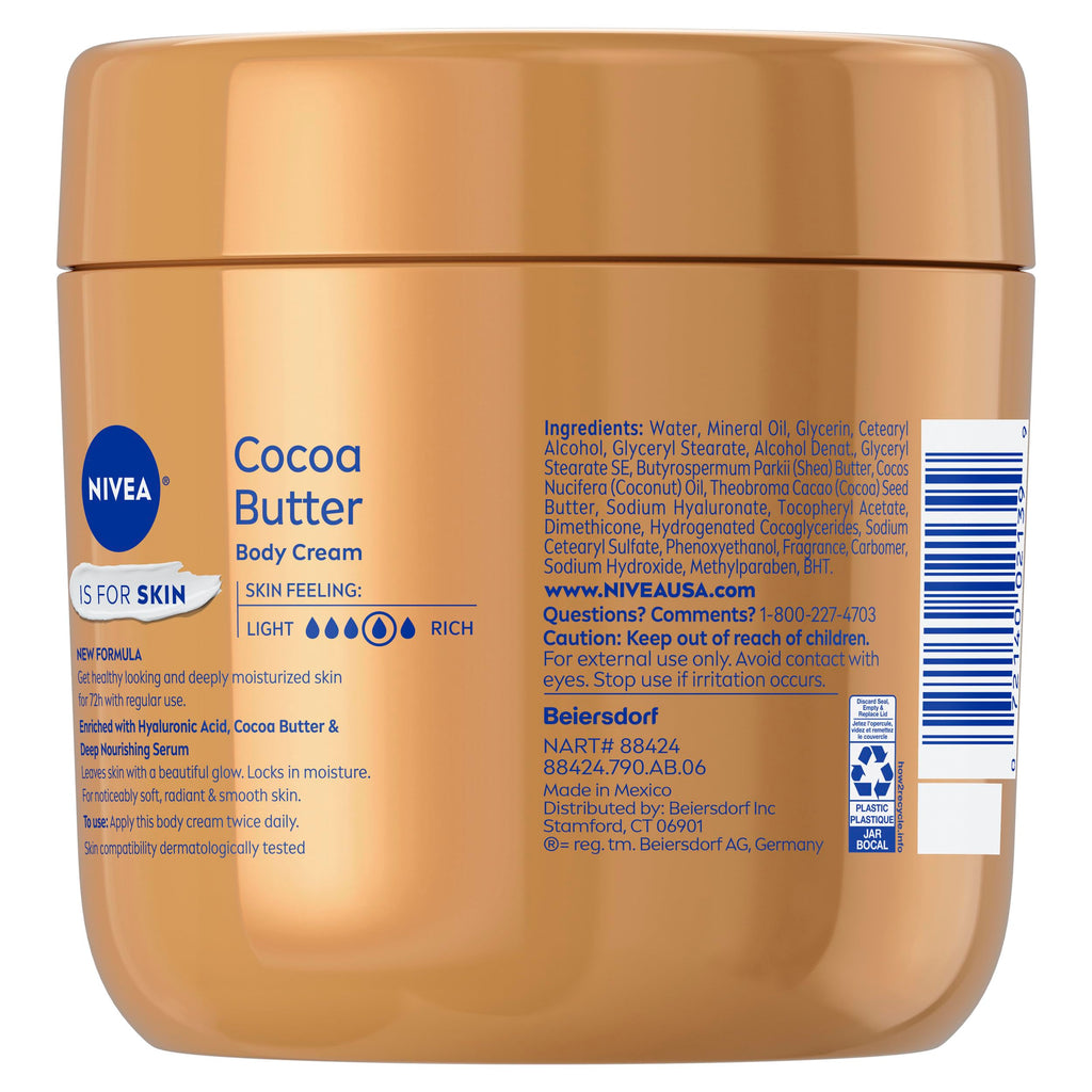 NIVEA Cocoa Butter Body Cream with Hyaluronic Acid, 16 OZ | Cocoa Butter Body Cream with Hyaluronic Acid and Deep Nourishing Serum, For Radiant and Smooth Skin, 72-Hour Body Moisturizer