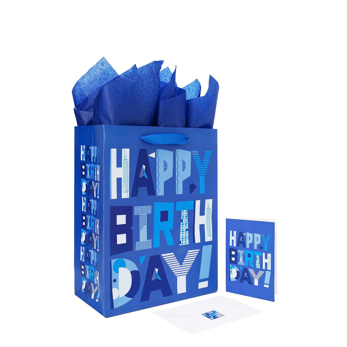 wishinside 13" Large Blue Gift Bags Set with Greeting Card and Tissue Papers (Blue Happy Birthday) for Men's Birthday Party, Father, Grandpa, Kids' Parties, Baby Boy - 13”x10.2”x5.2”, 1 Pcs