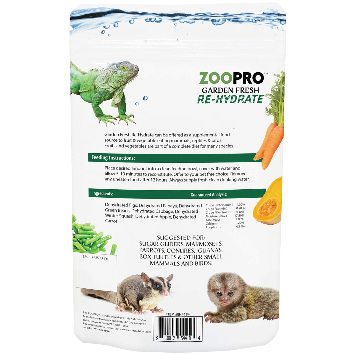 Exotic Nutrition Garden Fresh Re-Hydrate - High Calcium Dried Fruit & Vegetable Mix - for Sugar Gliders, Marmosets, Parrots, Conures, Iguanas, Turtles, Lizards, Bearded Dragons, & Other Small Pets