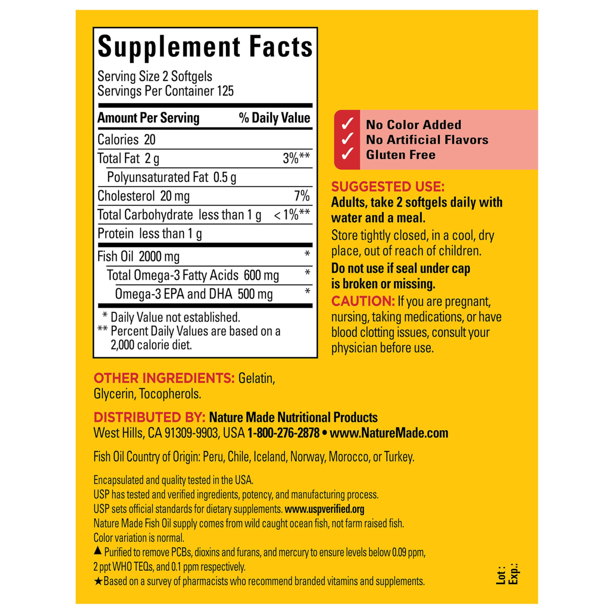 Nature Made Fish Oil Omega 3 Supplements, 2000mg per Serving, 250 Softgels | Fish Oil 2000mg per serving, Omega 3 Fish Oil for Healthy Heart Support, Gluten Free, Dairy Free, 125 Day Supply