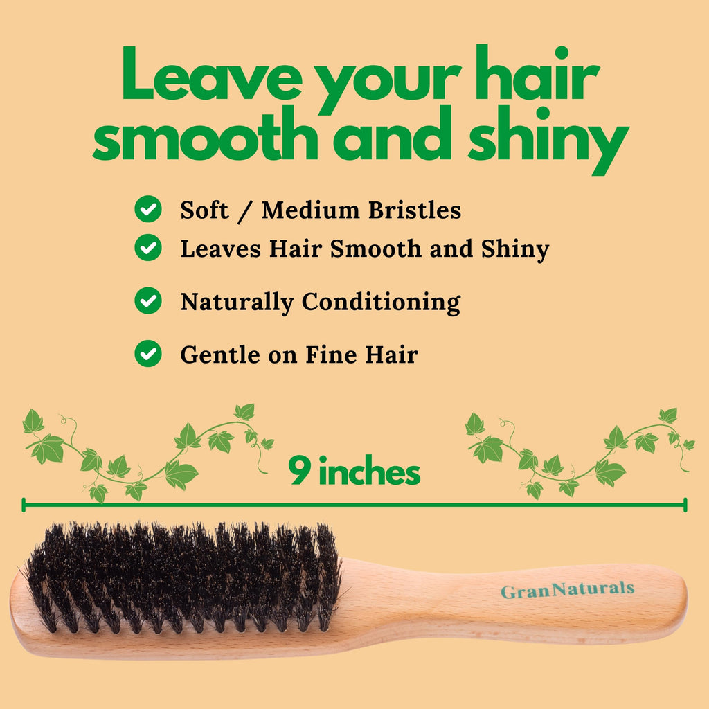 GranNaturals Boar Bristle Slick Back Hair Brush - Large Soft/Medium Smoothing Hairbrush to Style, Polish, & Lay Hair Down Flat to Create a Sleek Frizz Free Hairstyle for Women and Men