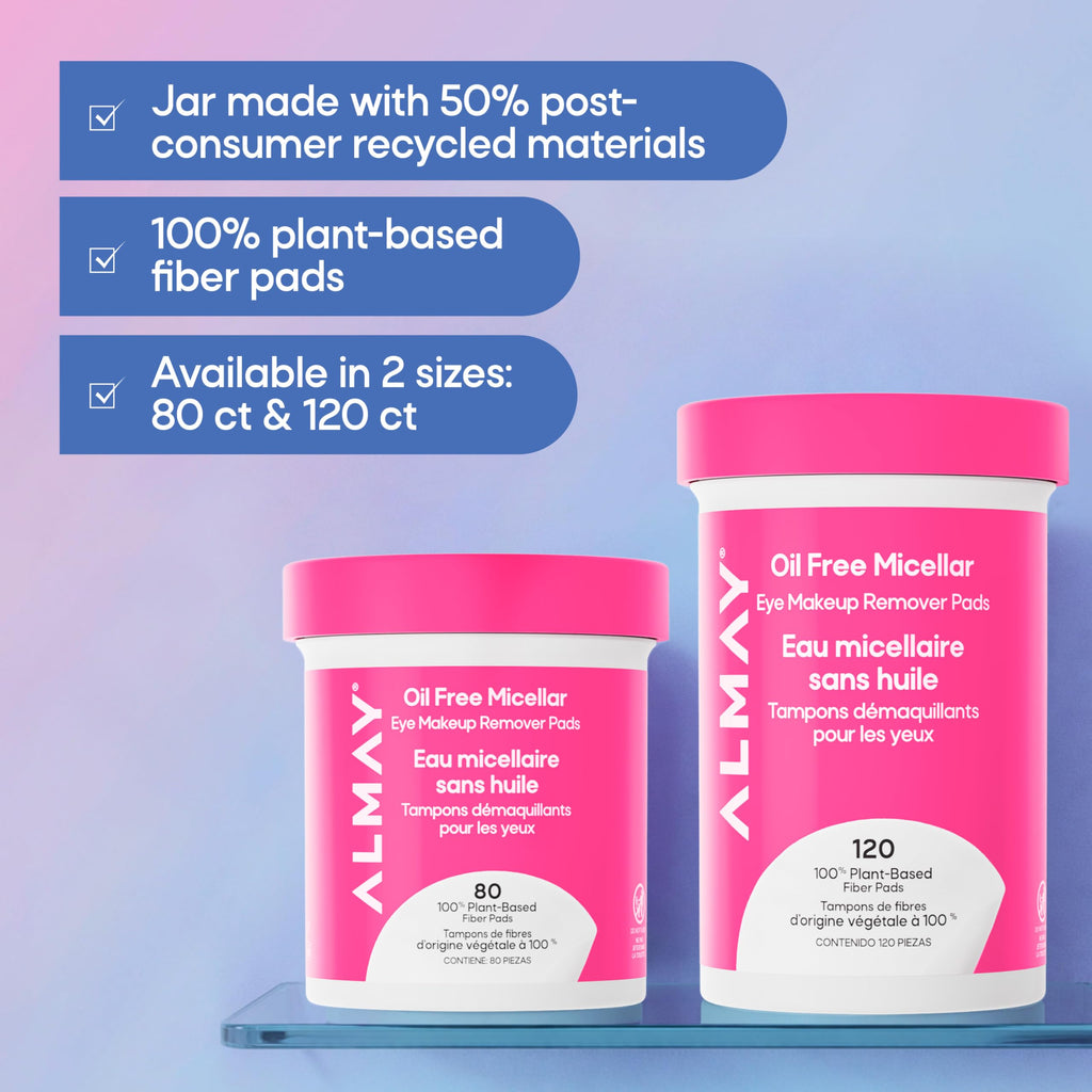 Almay Oil-Free Micellar Eye Makeup Remover Pads, 120 Count | Micellar eye makeup remover pads gently wipe away all traces of eye makeup without leaving behind any greasy residue.