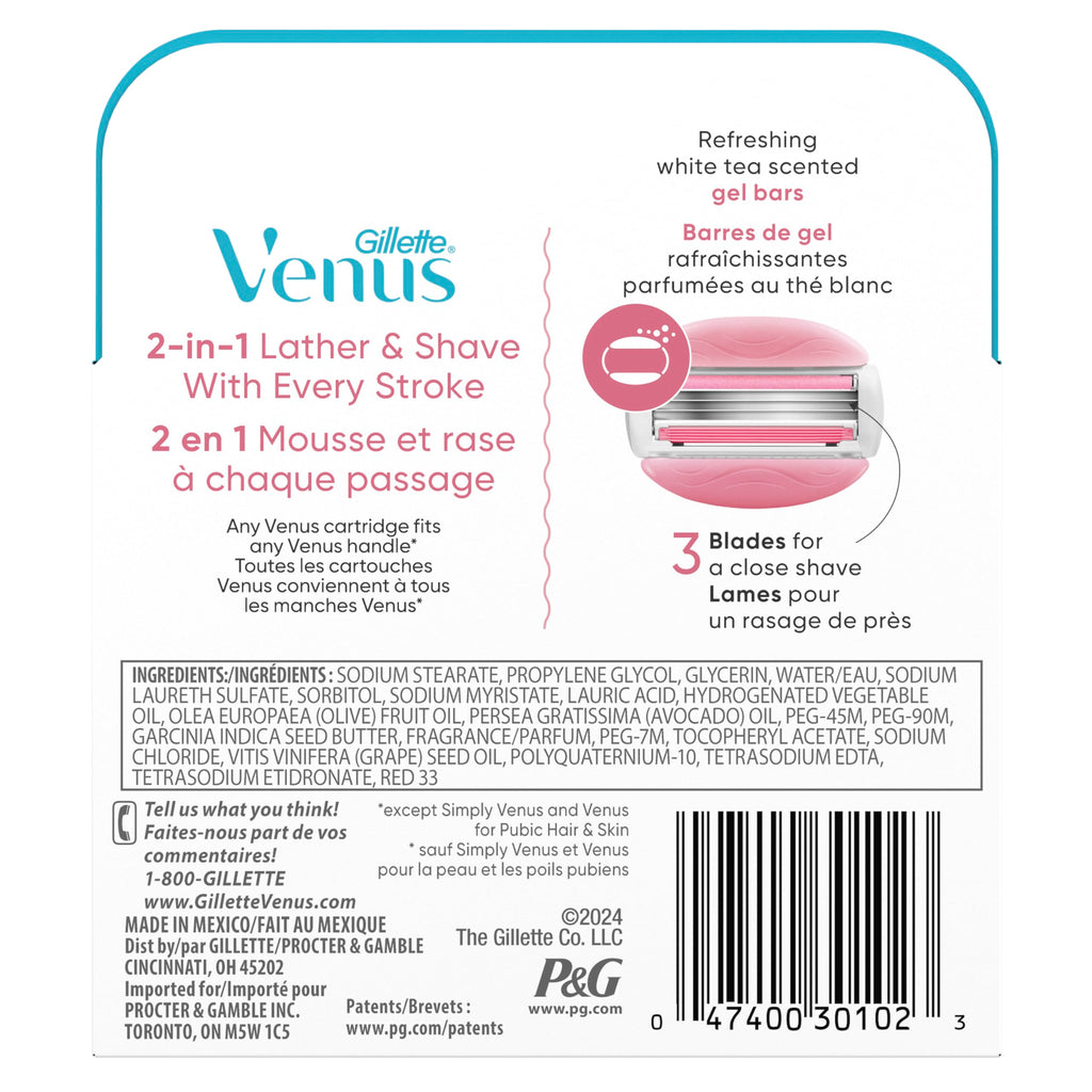 Gillette Venus ComfortGlide White Tea Women's Razor Refills, 4 Refill Cartridges, Fits Venus Reusable Razor Handles, 3-Bladed with Built-in Shave Gel Bars