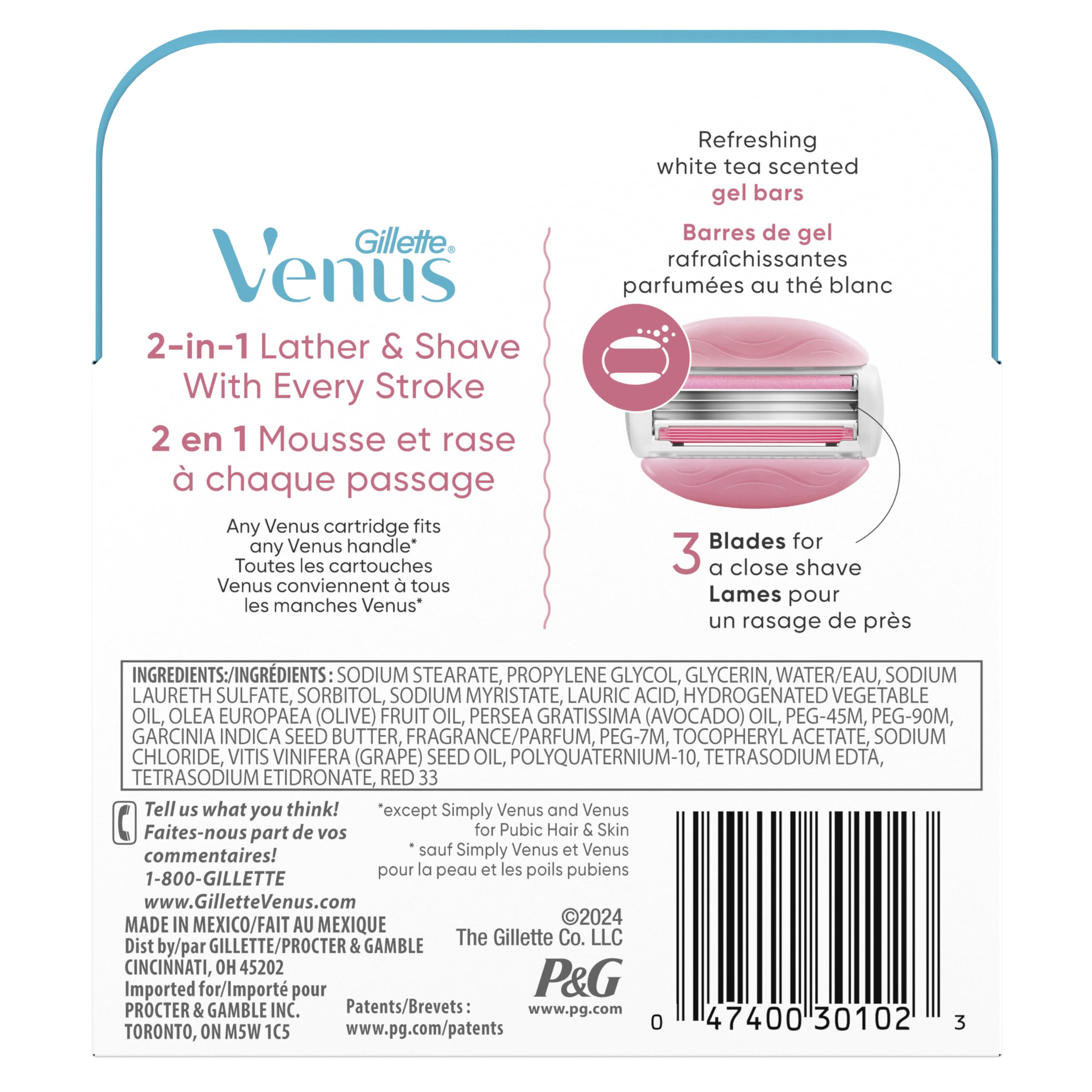 Gillette Venus ComfortGlide White Tea Women's Razor Refills, 4 Refill Cartridges, Fits Venus Reusable Razor Handles, 3-Bladed with Built-in Shave Gel Bars