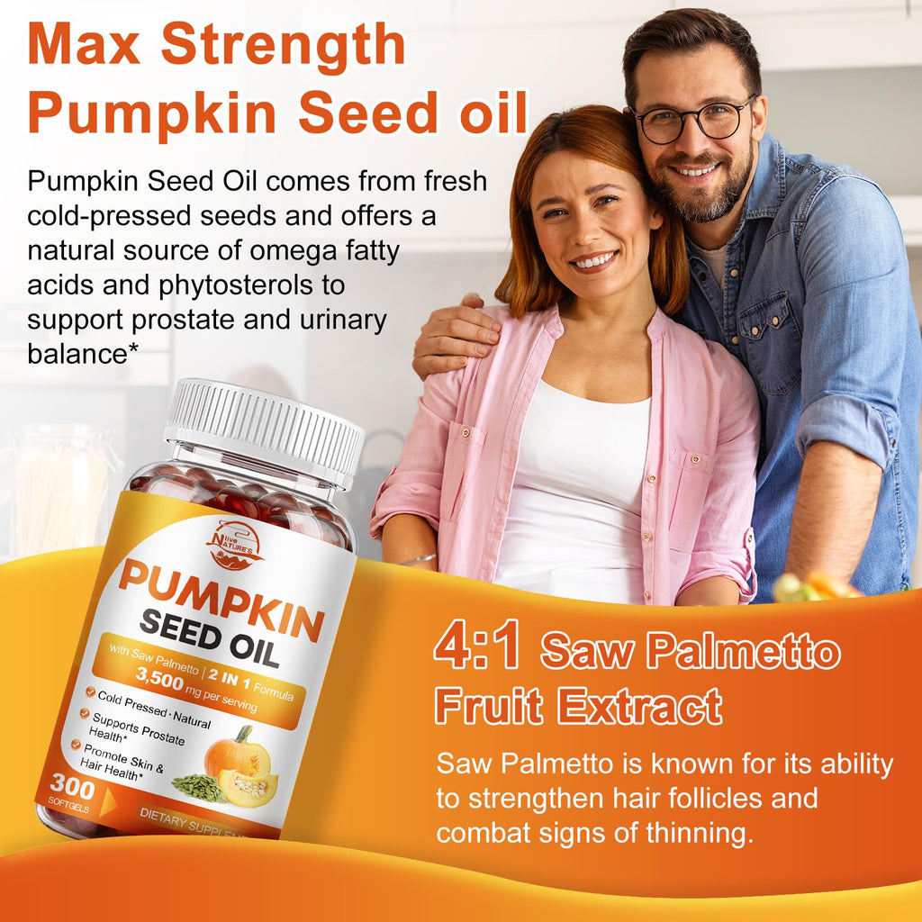 Pumpkin Seed Oil with Saw Palmetto, 3500mg Max Strength per Serving | 300 Softgels, Cold-Pressed with Essential Fatty Acids & Phytosterols, Supports Hair, Bladder Prostate Health & Immune