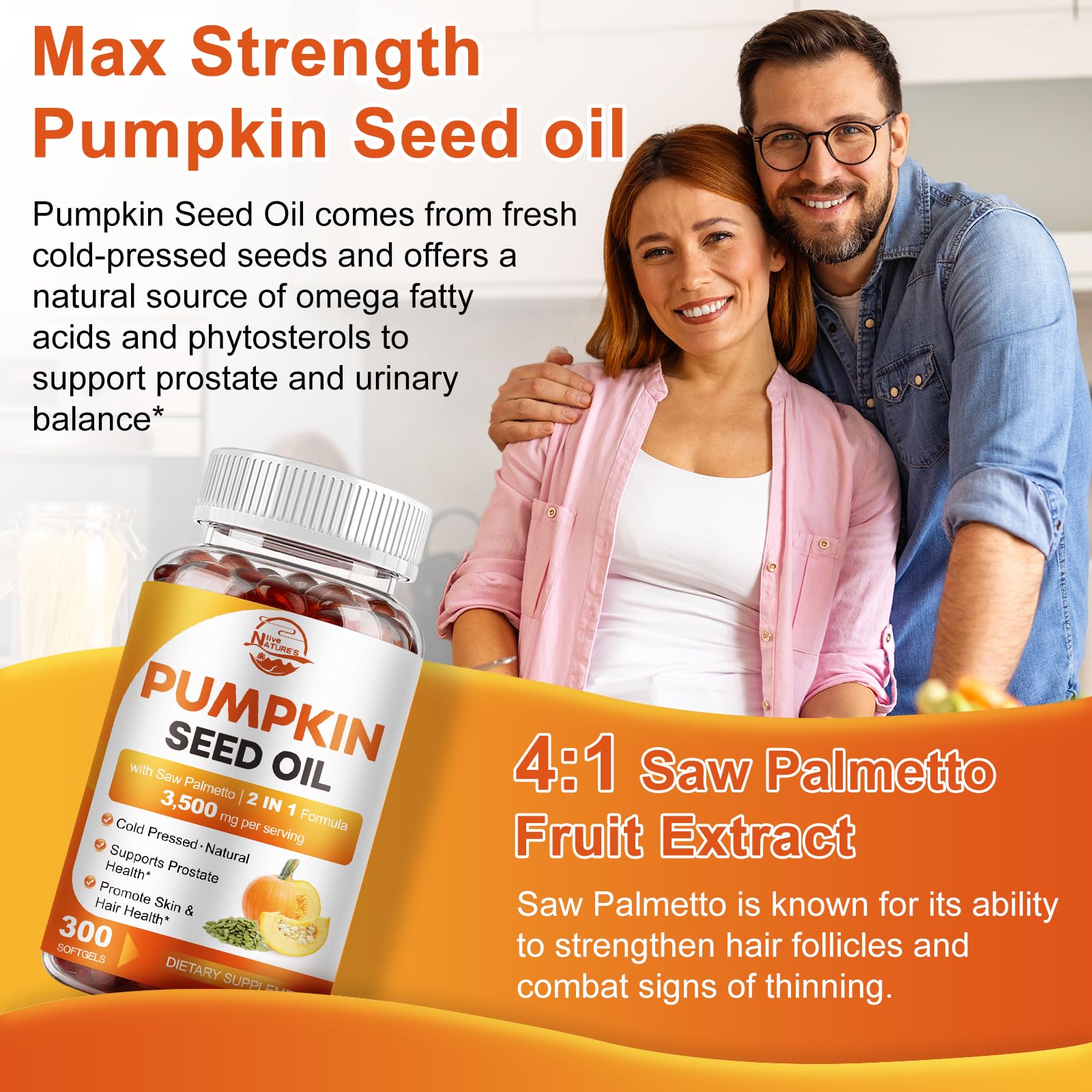 Pumpkin Seed Oil with Saw Palmetto, 3500mg Max Strength per Serving | 300 Softgels, Cold-Pressed with Essential Fatty Acids & Phytosterols, Supports Hair, Bladder Prostate Health & Immune