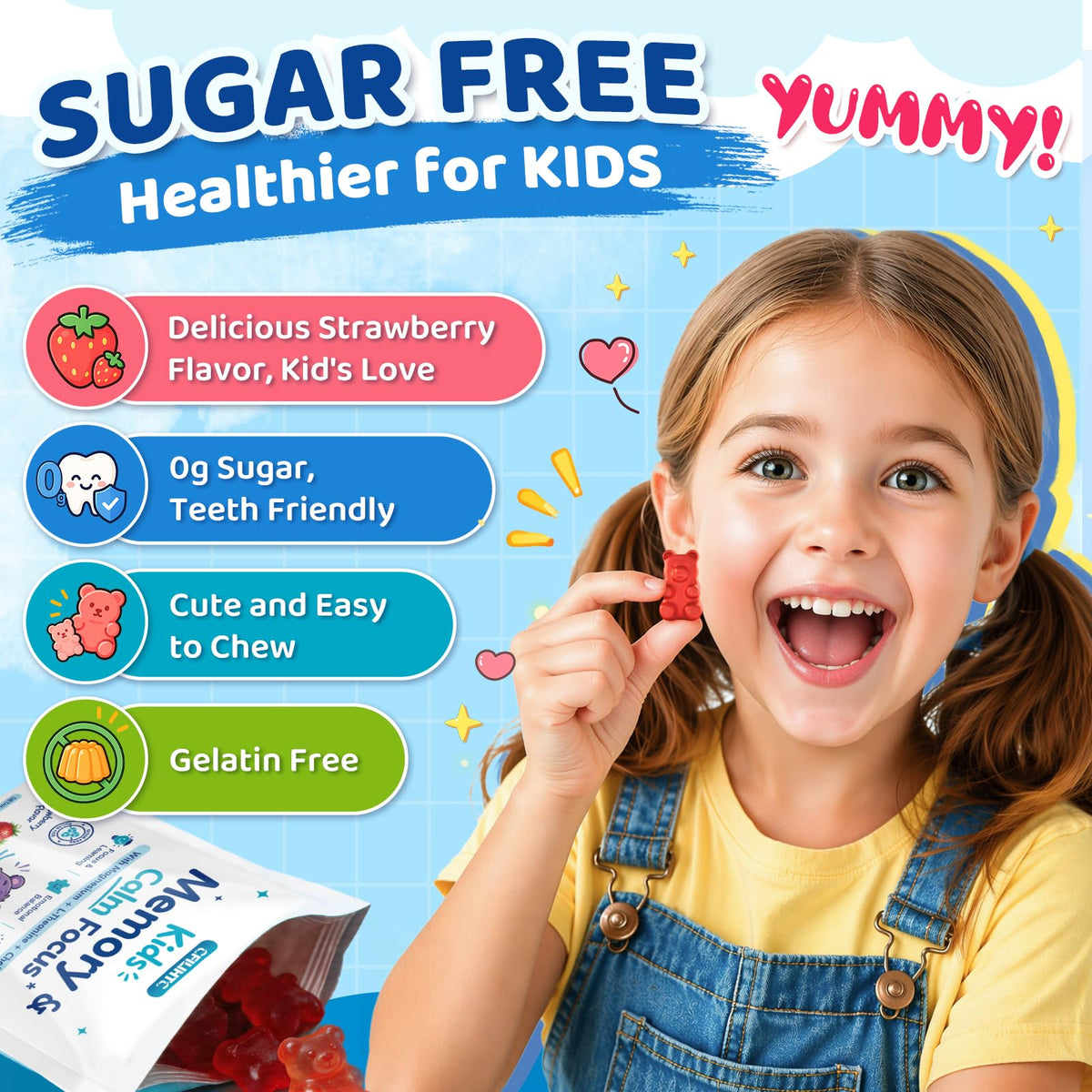 Kids Focus & Memory Gummies with Magnesium Glycinate, Phosphatidylserine & Choline - Support Brain, Attention & Focus for Kids, Learning & Cognitive Development – Sugar Free Strawberry 60 Gummies