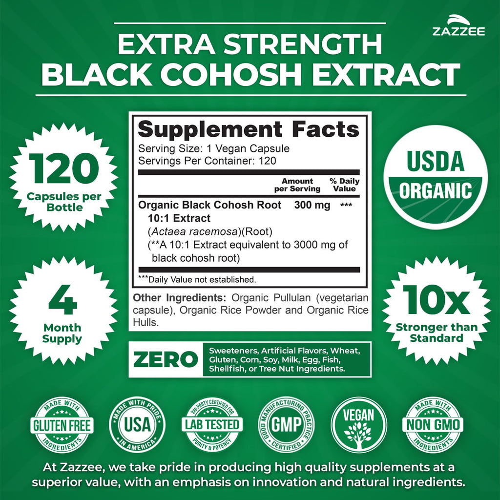 Zazzee USDA Organic Black Cohosh 10:1 Extract, 120 Vegan Capsules | 4 Month Supply, Actaea Racemosa, Women’s Health & Hormonal Balance Support, All-Natural, Non-GMO, Made in the USA