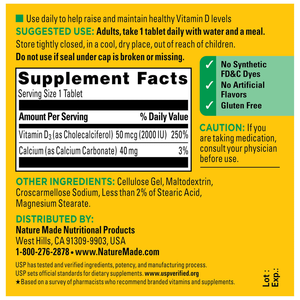 Nature Made Vitamin D3 2000 IU (50 mcg), 100 Vitamin D Tablets | Vitamin D Supplement for Immune, Bone, Teeth and Muscle Health Support, 100 Day Supply