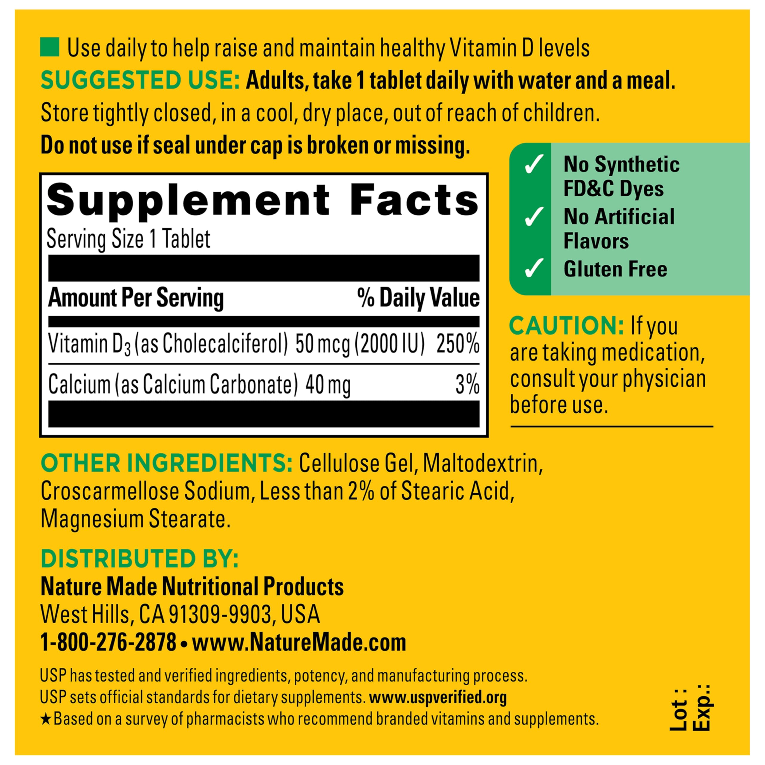 Nature Made Vitamin D3 2000 IU (50 mcg), 100 Vitamin D Tablets | Vitamin D Supplement for Immune, Bone, Teeth and Muscle Health Support, 100 Day Supply