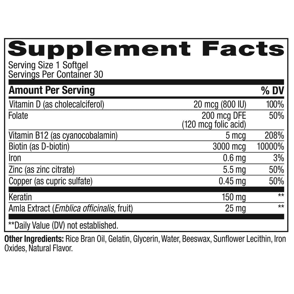 OLLY Ultra Strength Hair Softgels,Supports Hair Health,Biotin,Keratin,Vitamin D,B12,Hair-Supplement,30 Day Supply - (Packaging May Vary),30 Count (Pack of 2)