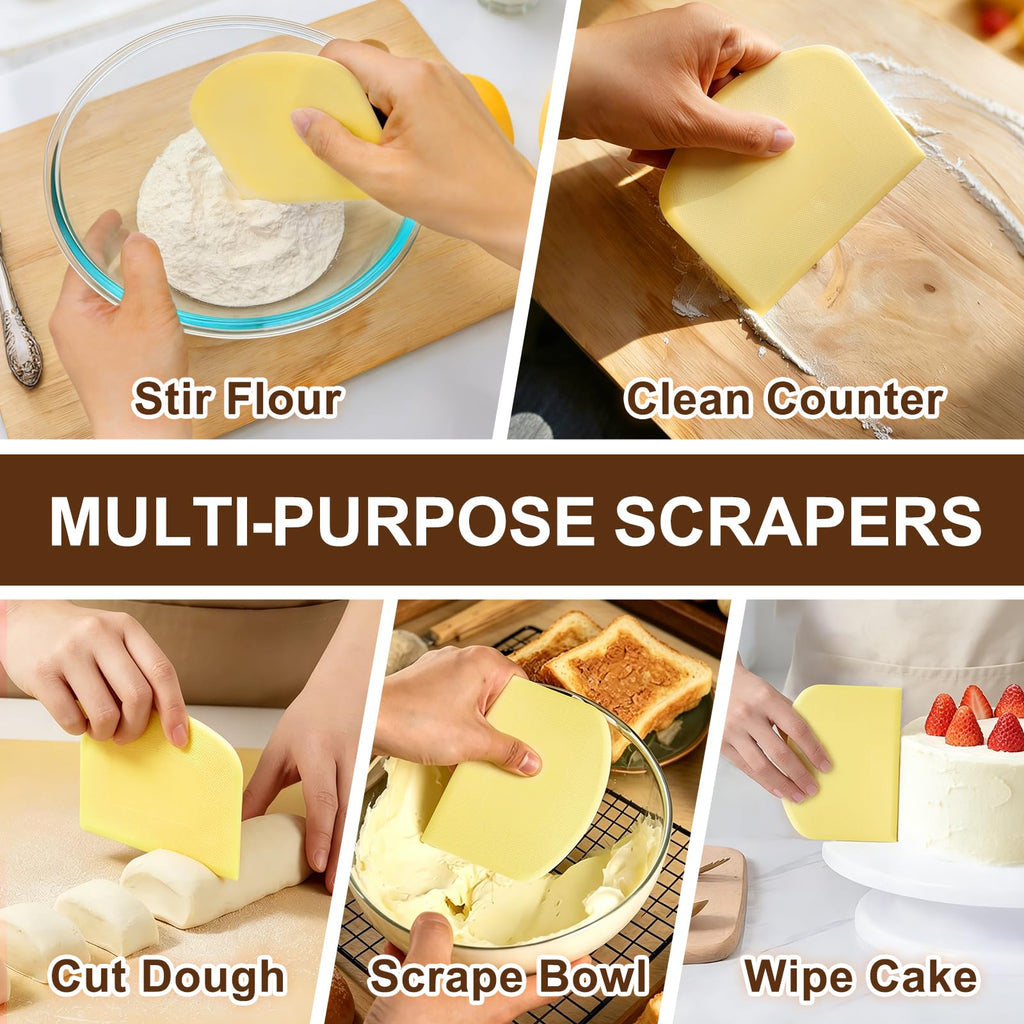 Versatile Bench Scraper with Wood Handle, Premium Stainless Steel Dough Scraper Cutter with 2 PCS Flexible Bowl Scraper for Pastry Bread Pizza, Kitchen Scraper Tool for Flat Top Griddle