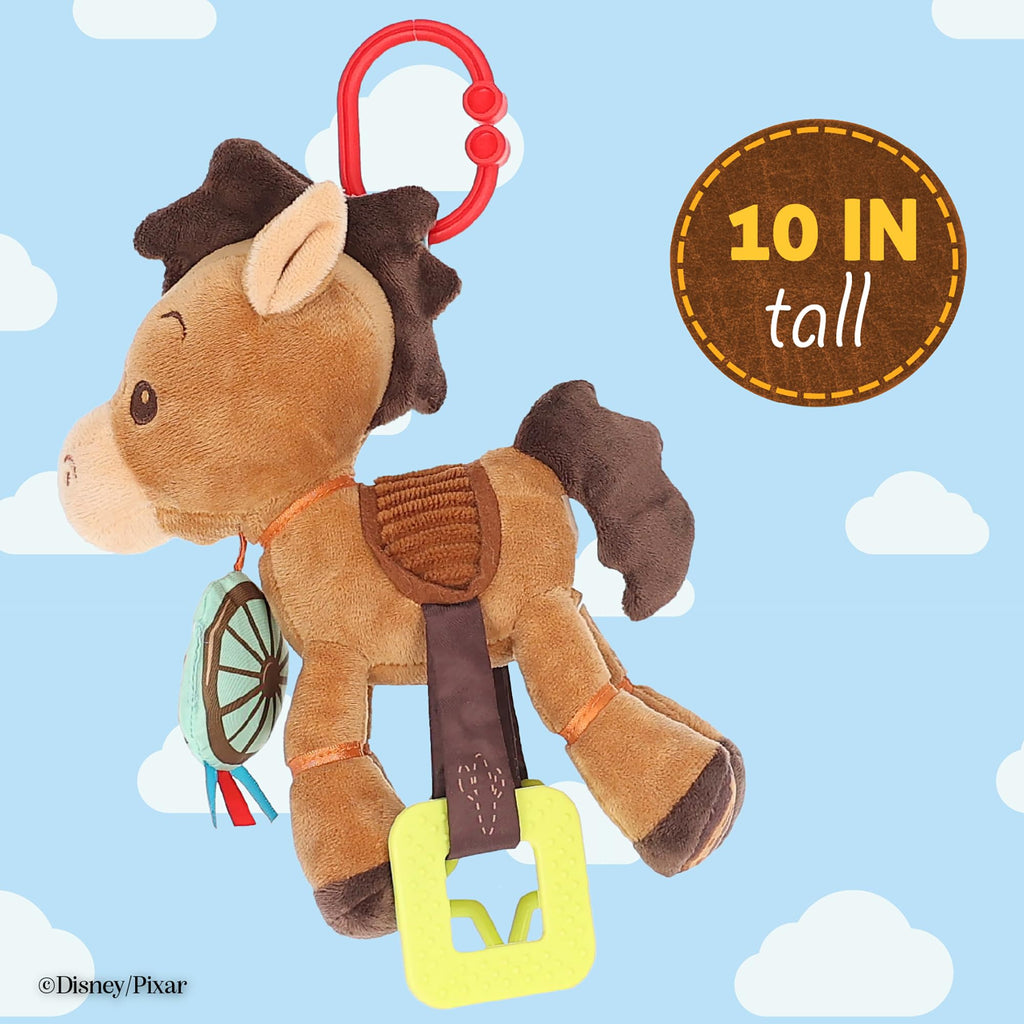 Disney Toy Story Bullseye Activity Toy – Plush Baby Sensory Toy with Teethers, Rattle, Crinkle Textures and On the Go Clip for Infants and Toddlers