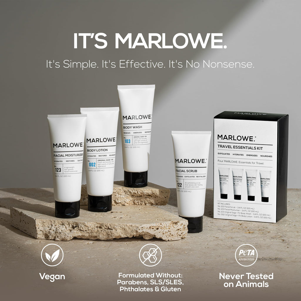 MARLOWE.Men's Travel Kit, Face + Body Essentials, TSA Friendly 3.4 oz Each | Travel Essentials, TSA Friendly Body Wash, Body Lotion, Facial Scrub & Facial Moisturizer