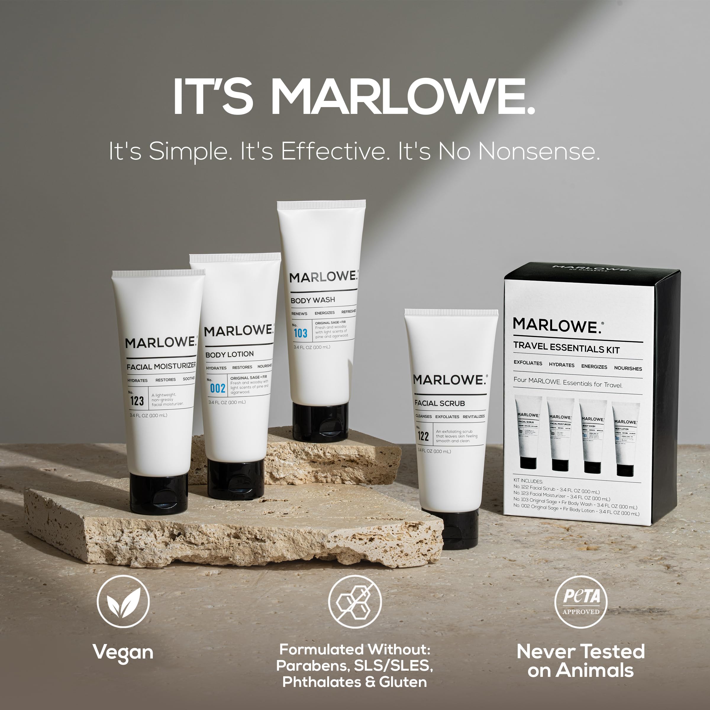 MARLOWE.Men's Travel Kit, Face + Body Essentials, TSA Friendly 3.4 oz Each | Travel Essentials, TSA Friendly Body Wash, Body Lotion, Facial Scrub & Facial Moisturizer