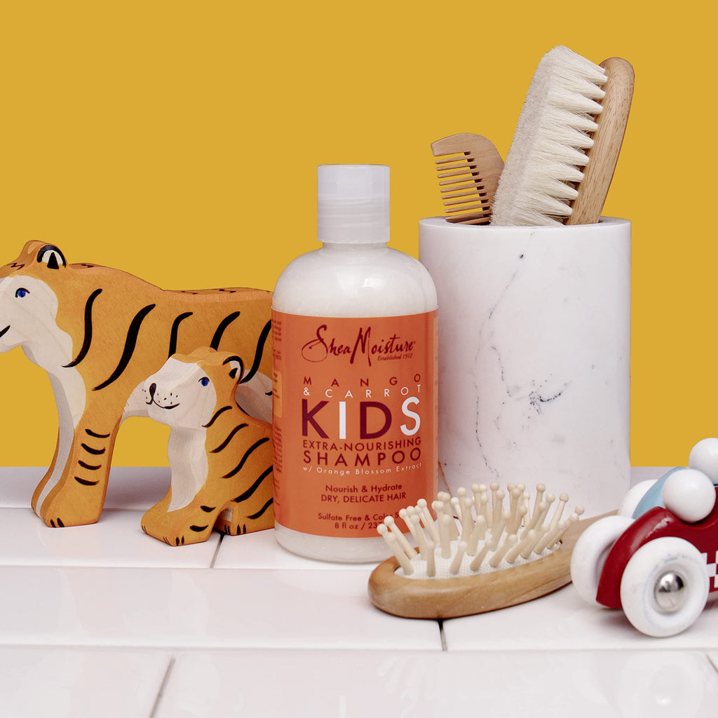Shea Moisture Kids Shampoo Mango & Carrot Extra Nourishing 8oz | For all kids - gently cleanse, nourish, and detangle curly hair with Mango Butter, Carrot Oil, and Shea Butter.