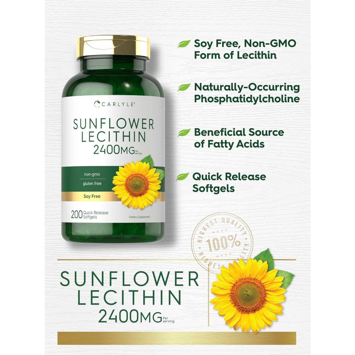 Carlyle Sunflower Lecithin Softgel Capsules | 2400mg | 200 Pills