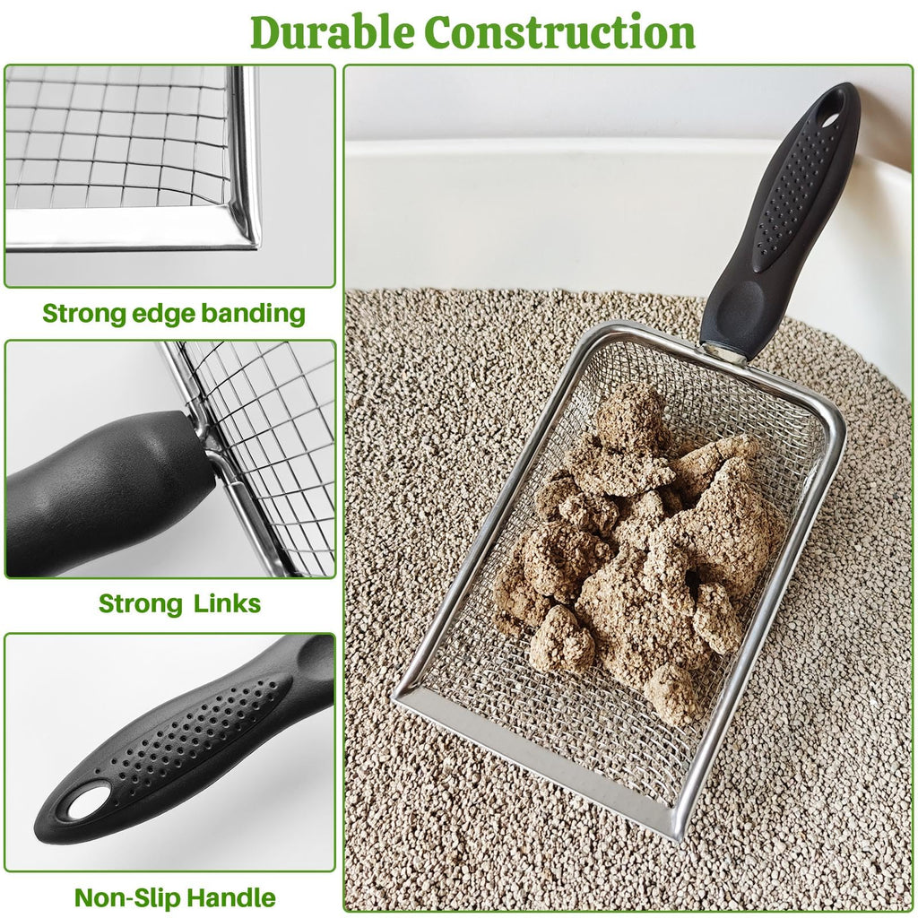 2Pcs Cat Litter Scoop Metal Stainless Steel Mesh Kitty Litter Scoop with Hook, Cat Scooper for Litter Box, Filter Small Pieces Quickly, Easy to Clean and Durable (3mm/5mm Mesh)