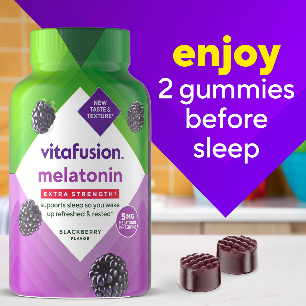 Vitafusion Melatonin Gummies | 5mg | 120 Count | Extra Strength Gummy | for Adult Women and Men | Blackberry Flavor | Gluten and Dairy-Free Supplement