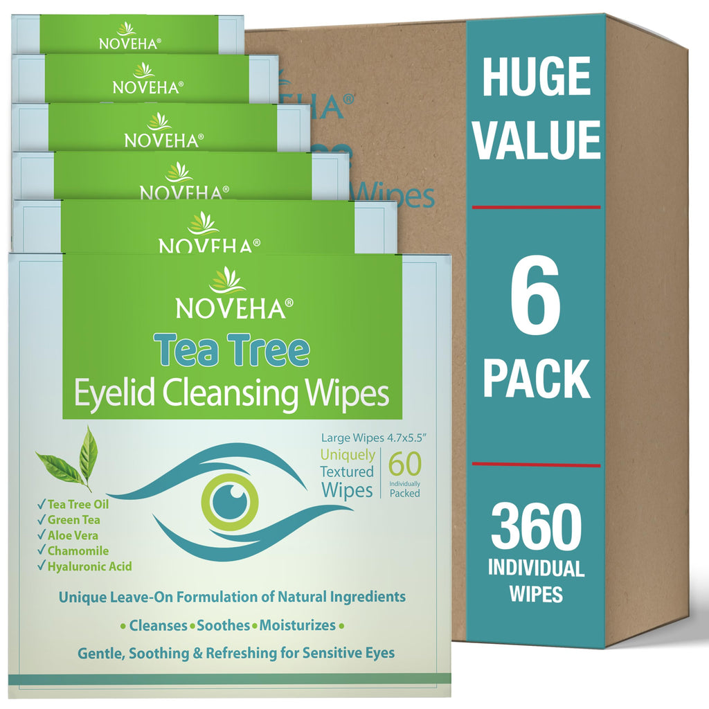NOVEHA 60PCs Tea Tree Oil Eyelid & Lash Wipes | With Hyaluronic Acid, Green Tea & Chamomile For Blepharitis, Itchy & Stye Eyes, Individually Wrapped, Natural Eyelash Makeup Remover & Daily Cleanser