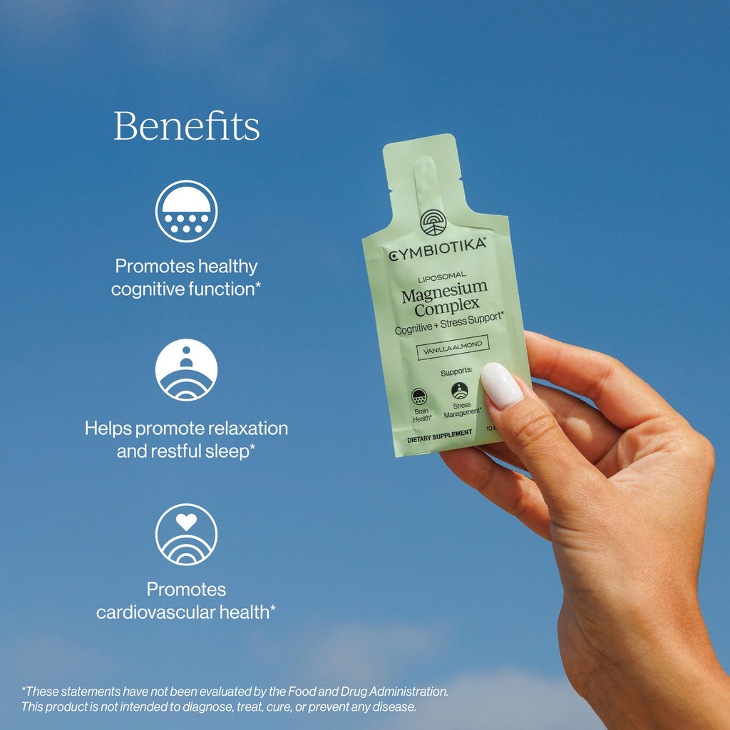 CYMBIOTIKA Liposomal Magnesium Complex for Sleep, Calm, Relax & Recovery | 3 forms: taurate, bisglycinate & glycerophosphate. Highly absorbable, stomach-friendly. Vanilla Almond, 28 pouches. Vegan.