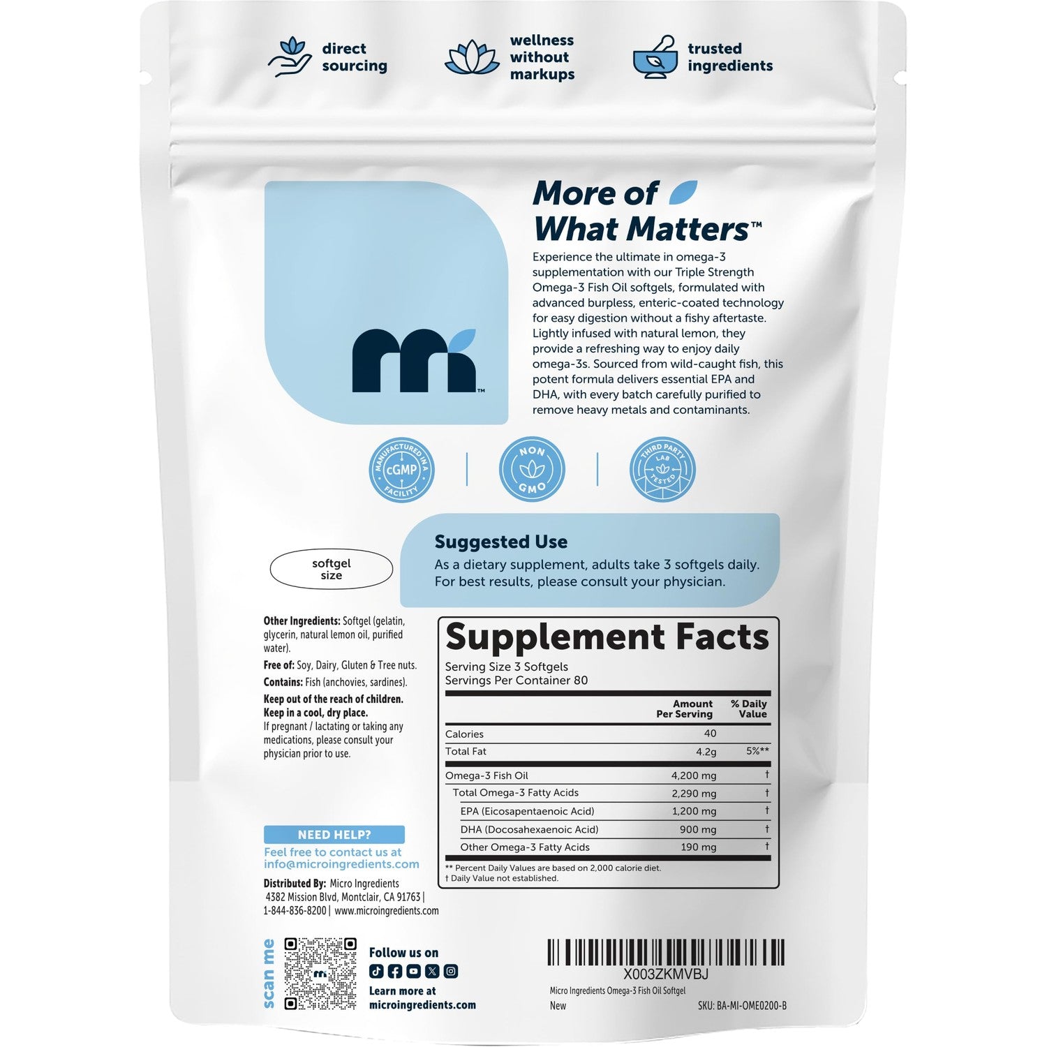 Micro Ingredients Triple Strength Omega-3 Fish Oil 4,200 mg Per Serving | EPA 1200mg + DHA 900mg Per Serving, Wild Caught Fish Source, Lemon-Flavored, 240 Softgels, Burpless, No Fishy Aftertaste.