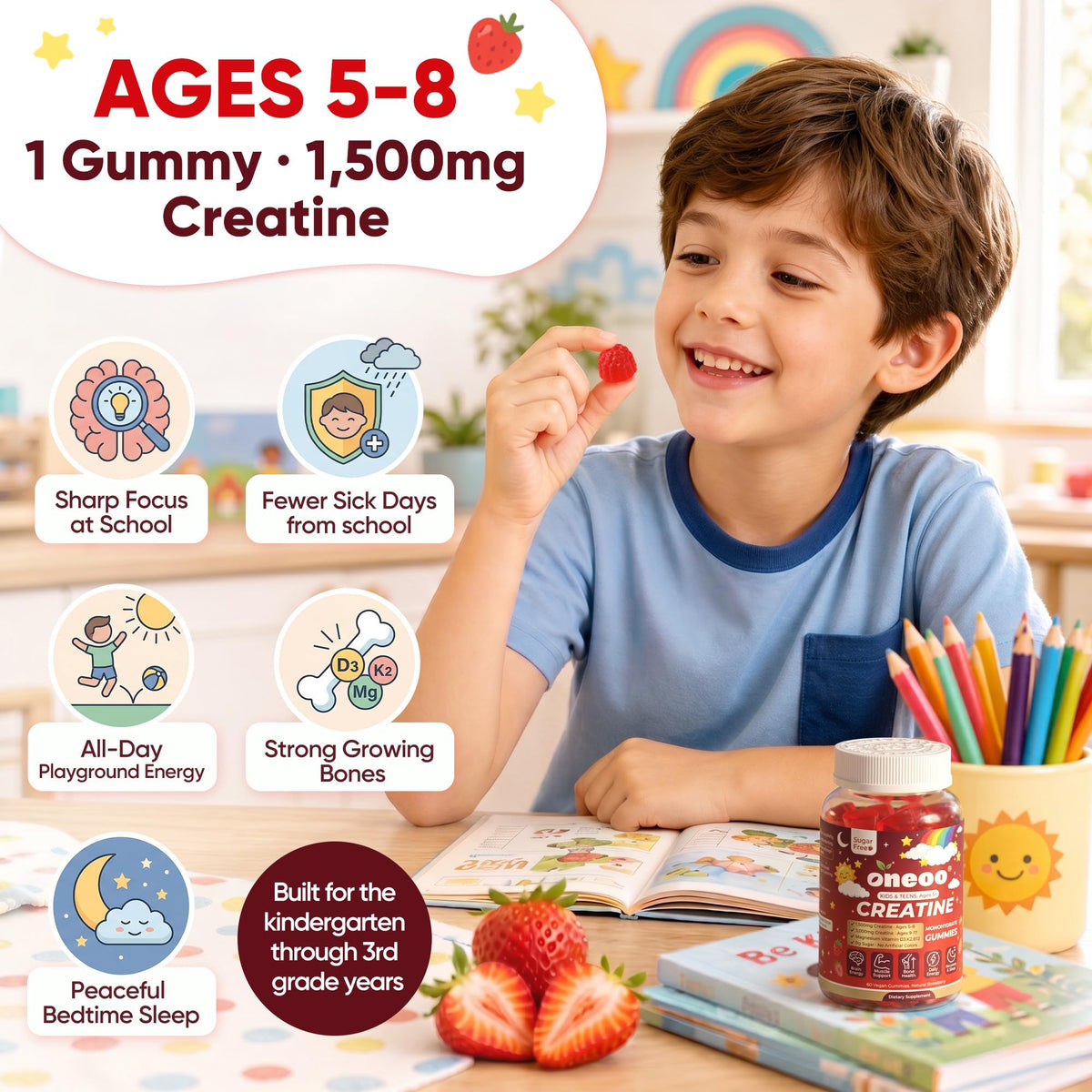 Creatine Monohydrate Gummies for Kids & Teens Ages 5+, with 1500mg-3000mg Creatine Monohydrate, with D3+K2 + Magnesium + B12, Supports Energy, Focus Bone & Brain Health, Sugar-Free, Strawberry 2 Pack