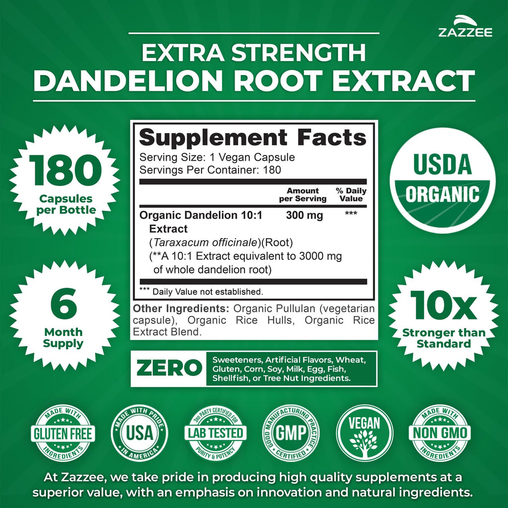 Zazzee USDA Organic Dandelion Root 10:1 Extract, 180 Capsules | 6 Month Supply, Liver & Detox Support, Taraxacum Officinale, Organic Herbal Supplement, All-Natural, Non-GMO, Made in the USA