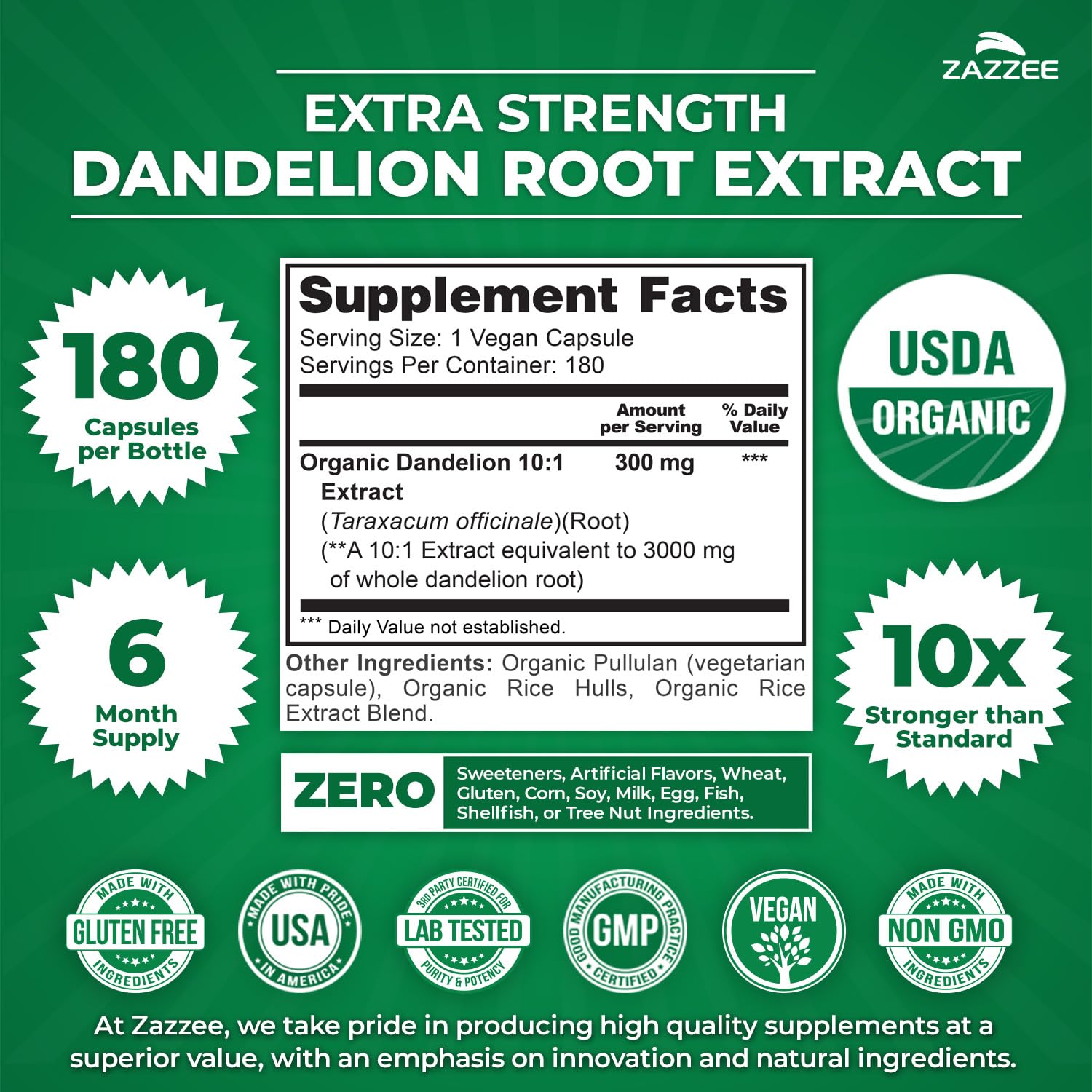 Zazzee USDA Organic Dandelion Root 10:1 Extract, 180 Capsules | 6 Month Supply, Liver & Detox Support, Taraxacum Officinale, Organic Herbal Supplement, All-Natural, Non-GMO, Made in the USA