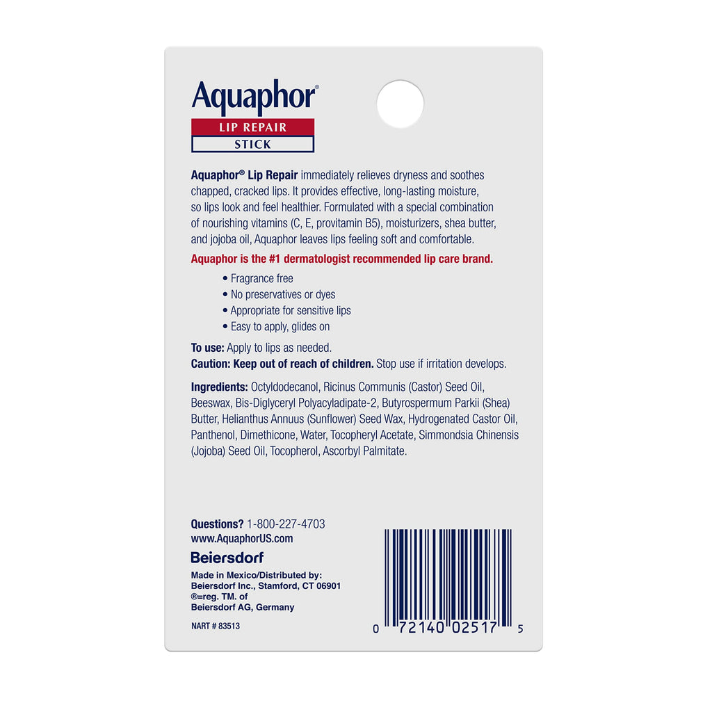 Aquaphor Lip Repair Stick, Moisturizing Lip Balm Pack, Relieves Dryness, 0.17 Oz Stick, Pack of 2 | Lip Balm Moisturizers with Jojoba Oil and Shea Butter, Immediate Dry Lip Relief, Paraben and Fragrance Free