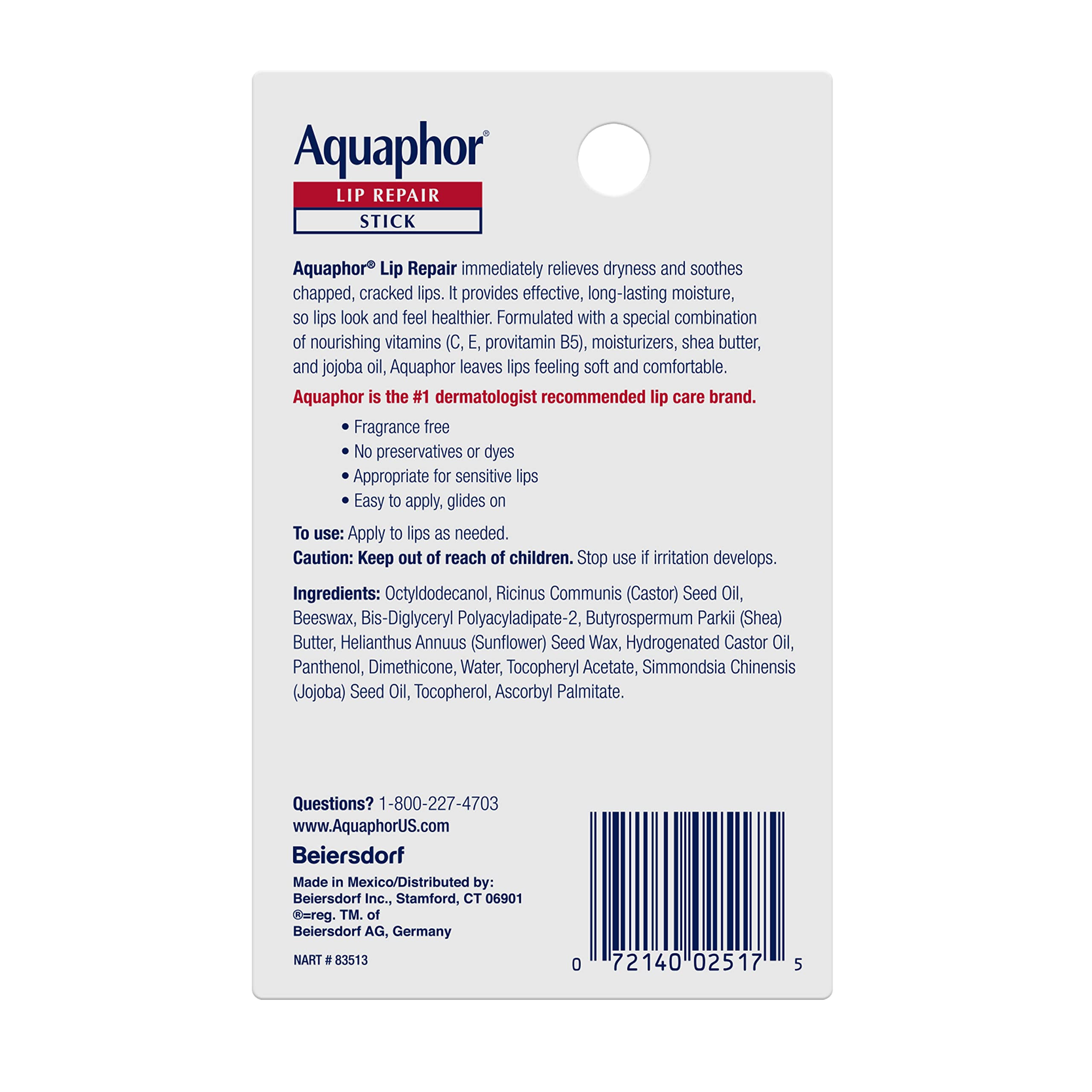 Aquaphor Lip Repair Stick, Moisturizing Lip Balm Pack, Relieves Dryness, 0.17 Oz Stick, Pack of 2 | Lip Balm Moisturizers with Jojoba Oil and Shea Butter, Immediate Dry Lip Relief, Paraben and Fragrance Free