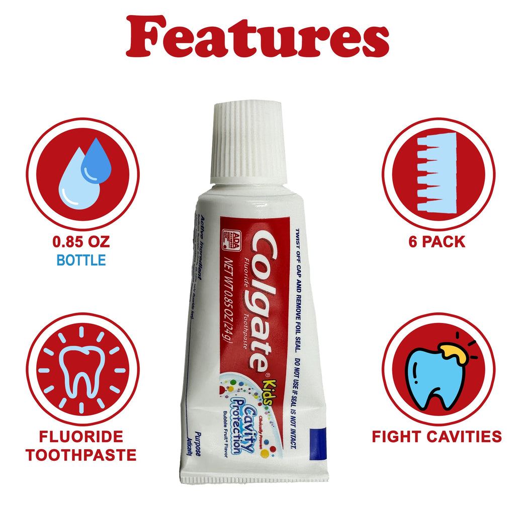 Colgate Kids Cavity Protection Fluoride Toothpaste, 6 Pack, Bubble Fruit Flavor, Children's Toothpaste, for Ages 2+, Sugar Free, No Artificial Preservatives, Travel Size 0.85 oz Each