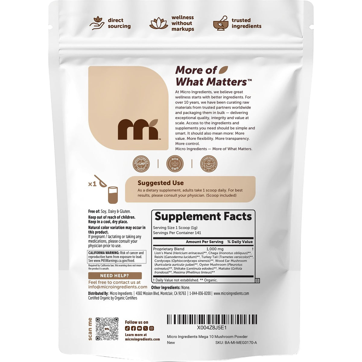 Micro Ingredients Organic Mega Mushroom Powder, 10-in-1 Mushroom Blend, 5oz