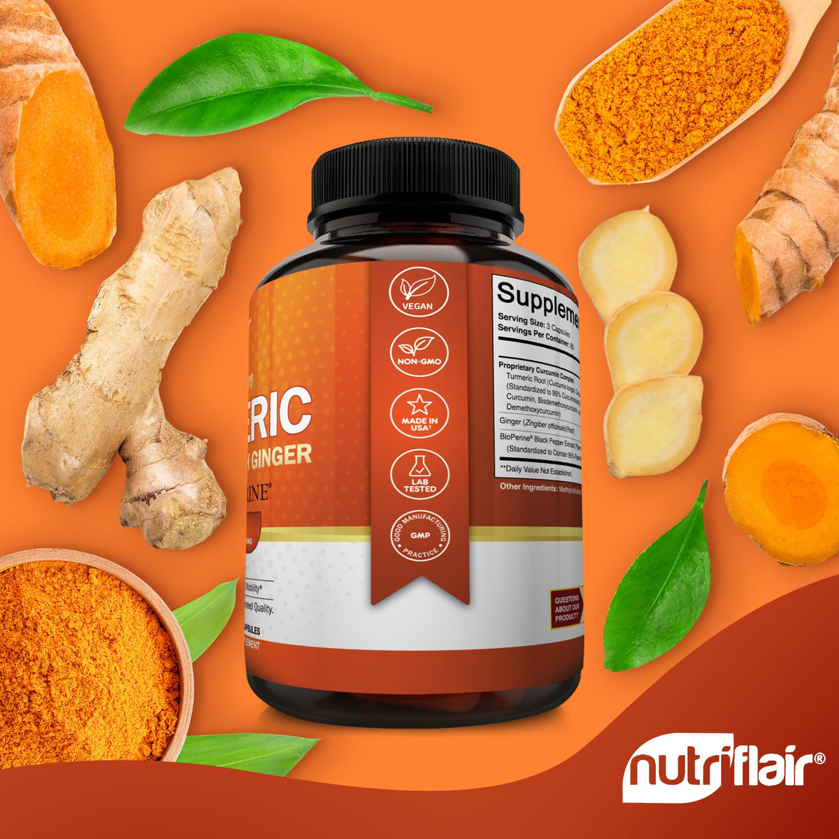 NutriFlair Turmeric Curcumin Supplement 2250mg, 180 Capsules - with Ginger & BioPerine Black Pepper - Standardized 95% Curcuminoids, Non-GMO, Vegan Joint Support, Antioxidant - High Absorption
