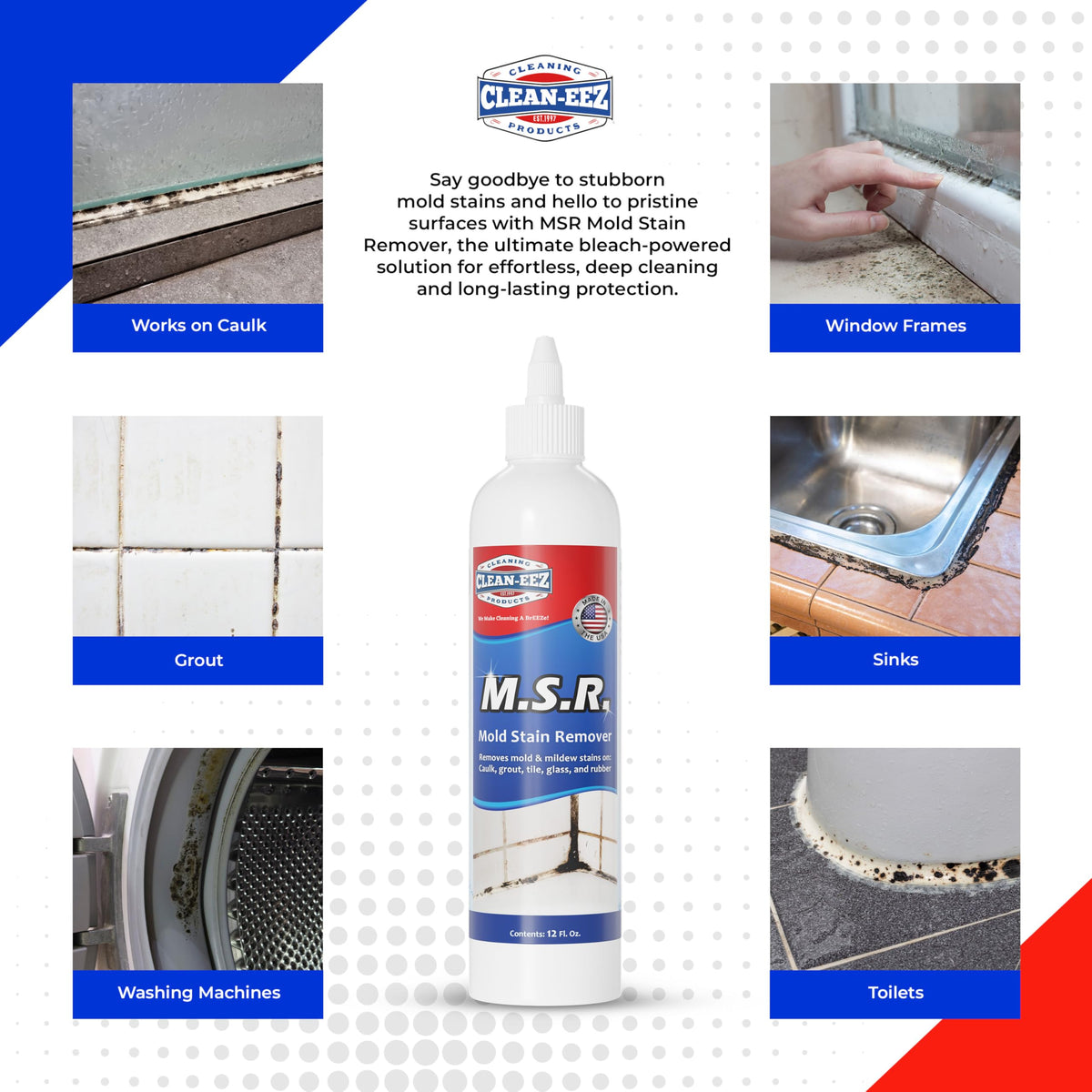 Clean-eez Mold Stain Remover Gel | Powerful Mold and Mildew Stain Remover for Caulk and Almost Any Bathroom Surface Like Grout, Glass, Tile and Rubber | Made In USA from US Company