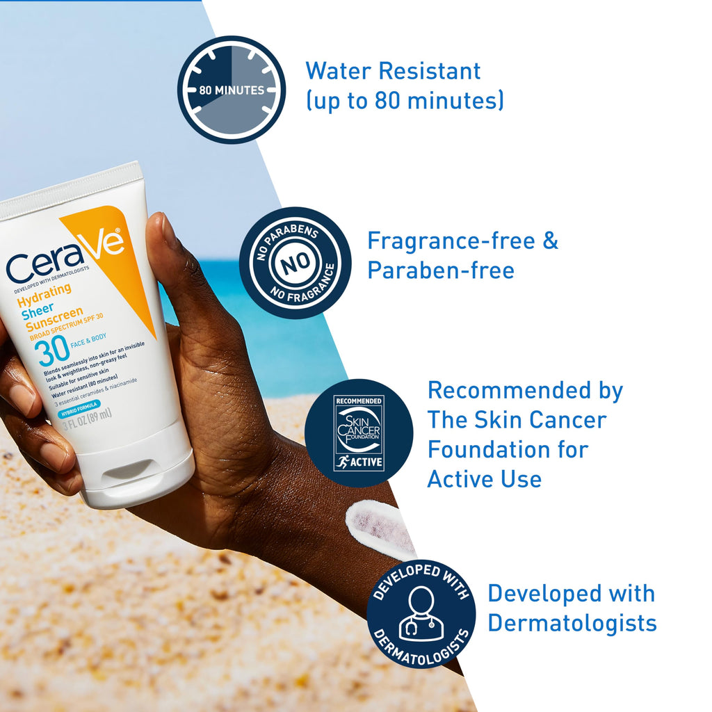 CeraVe Hydrating Sheer Sunscreen SPF 30 with Hyaluronic Acid, 3oz | Mineral and Chemical Sunscreen For Face and Body with Zinc Oxide & Ceramides, Fragrance-Free & Paraben-Free