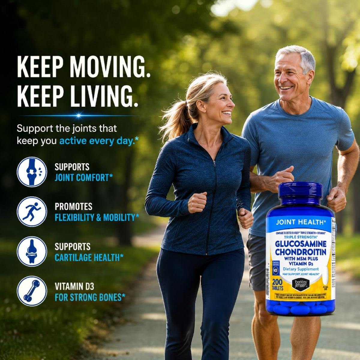 Berkley Jensen Glucosamine Chondroitin Triple Strength Complex with MSM and D3 Joint Supplement Tablets for Joint Support and Cartilages, NSF Certified, 200 Count (Pack of 1)