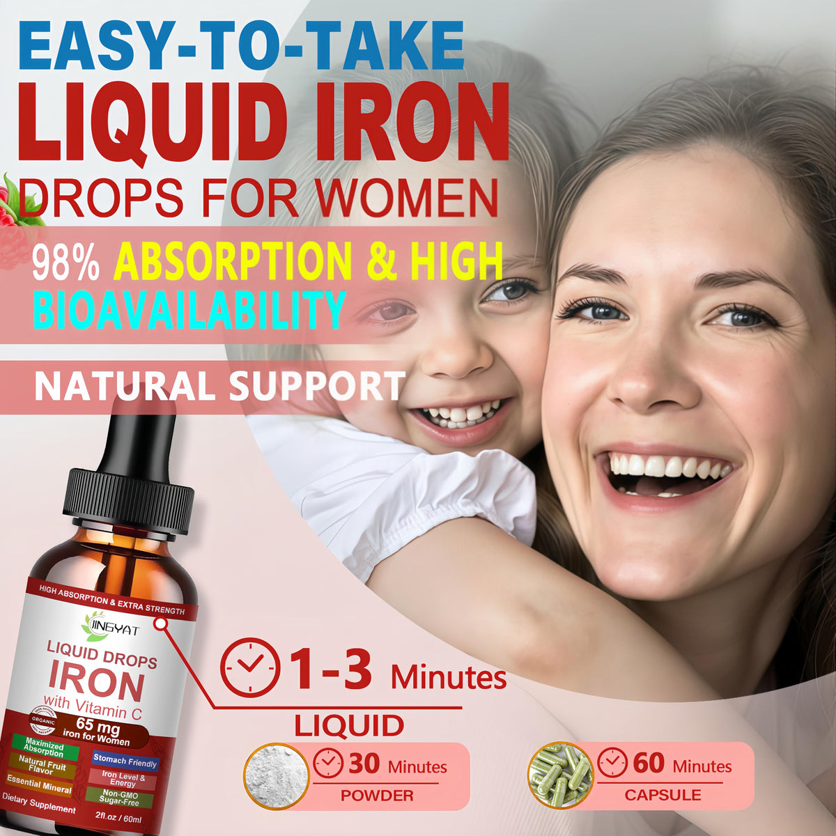 Iron Supplement Liquid Drops, High Absorption Iron Supplement for Women 65 mg, Liquid Iron for Red Blood Cell Support*, Vegan Essential Mineral Iron Drops with Vitamin C, Non-GMO, 30 Servings