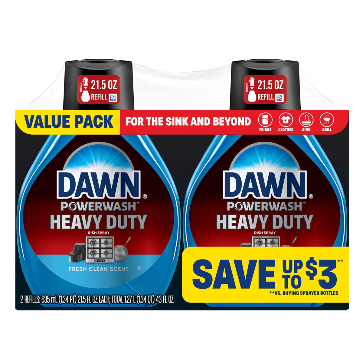 Dawn Heavy Duty Dish Spray Fresh Clean Scent, All-Purpose Cleaner and Degreaser, 21.5 oz. Refill Bottle 2-Pack