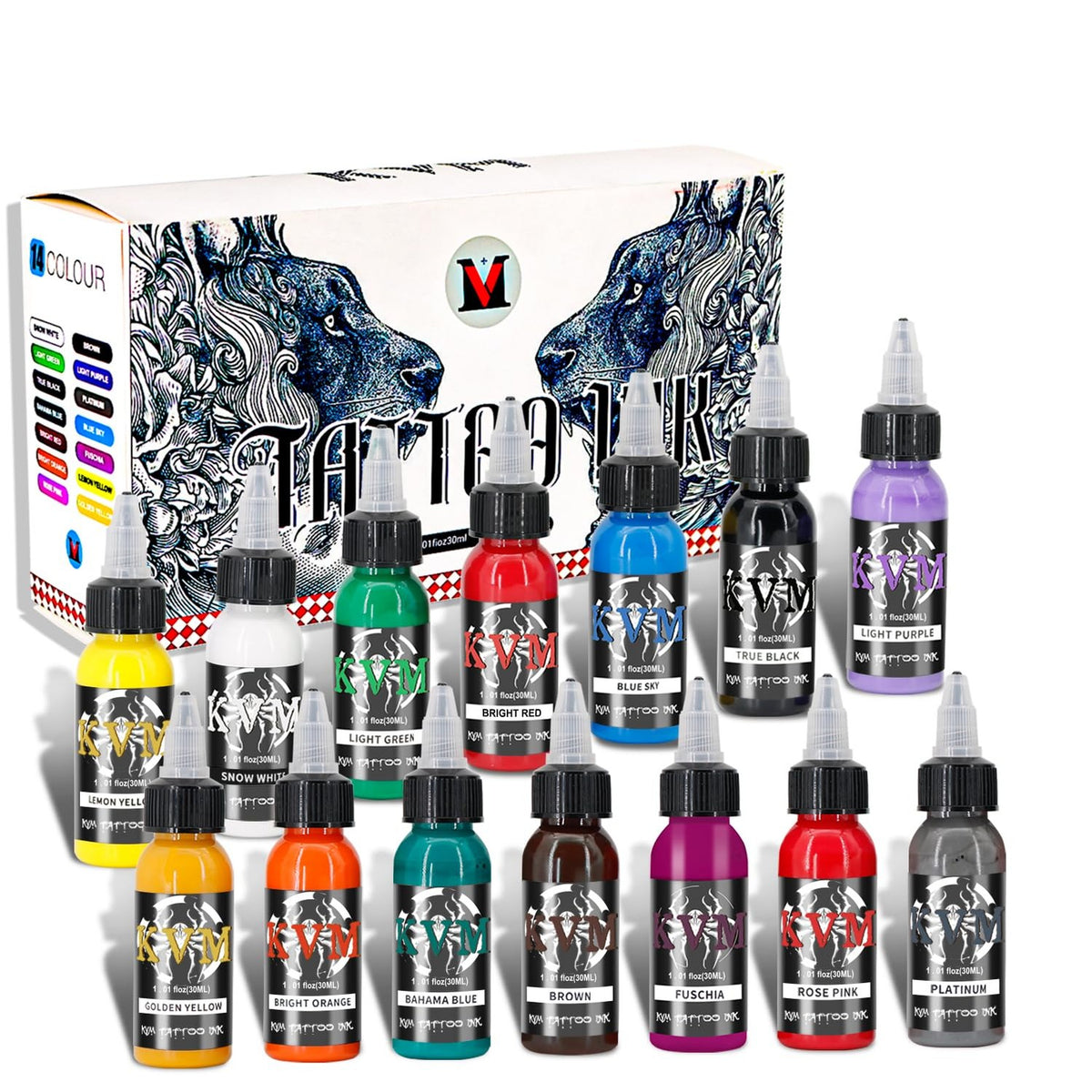 KVM Tattoo Ink Set 14 Pcs Colors 1oz (30ml) /BottleTattoo Supply